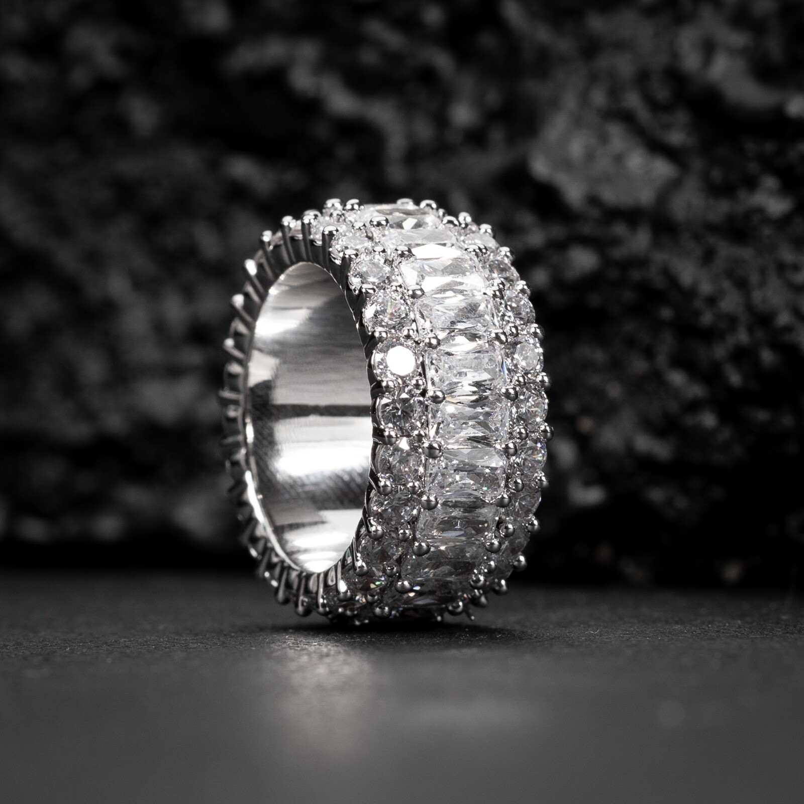 Iced Pointer Men's White Gold Plated Layered Emerald Cut Statement Eternity Ring