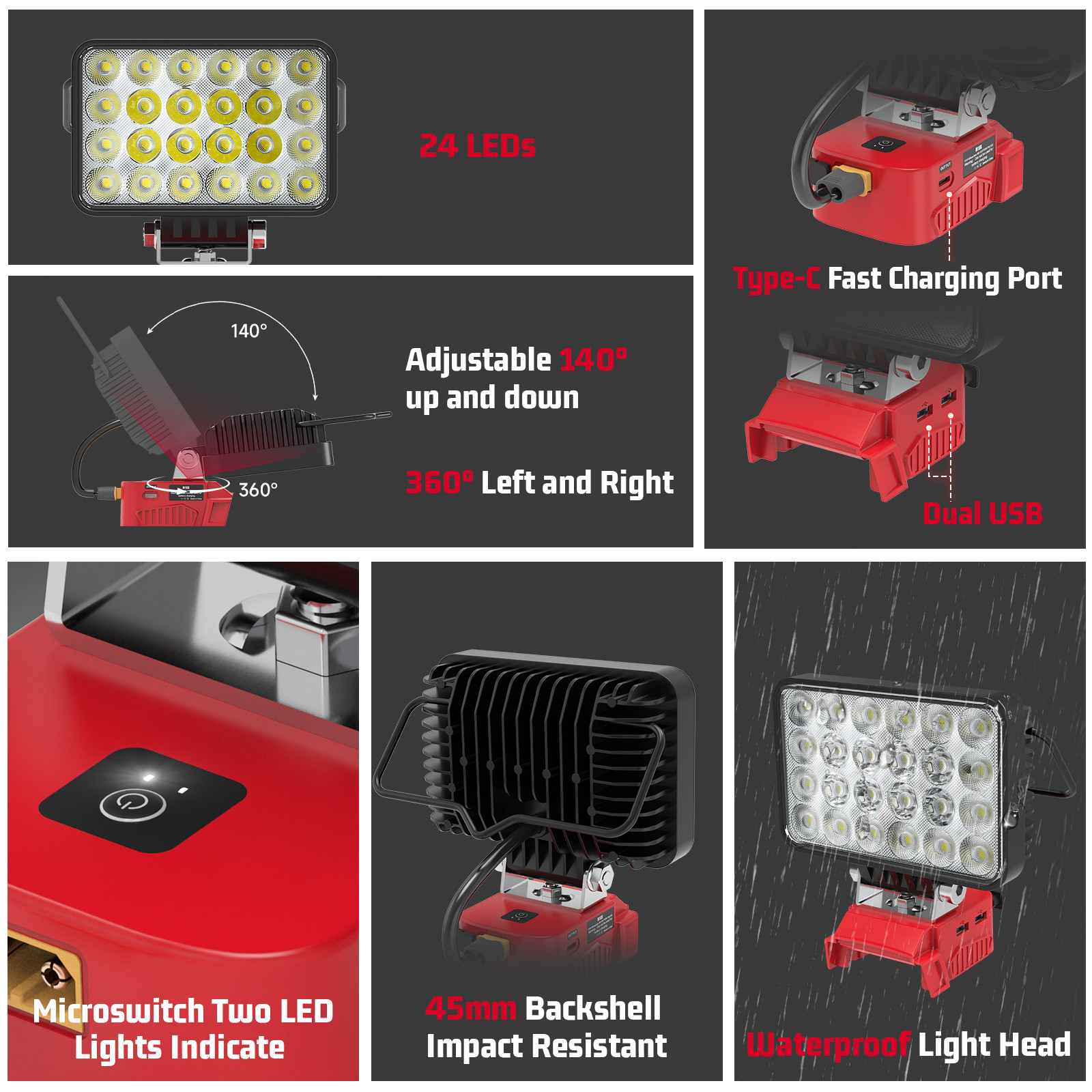72W LED Work Light Compatible with Milwaukee 18V Battery 7200LM Flashlight USB