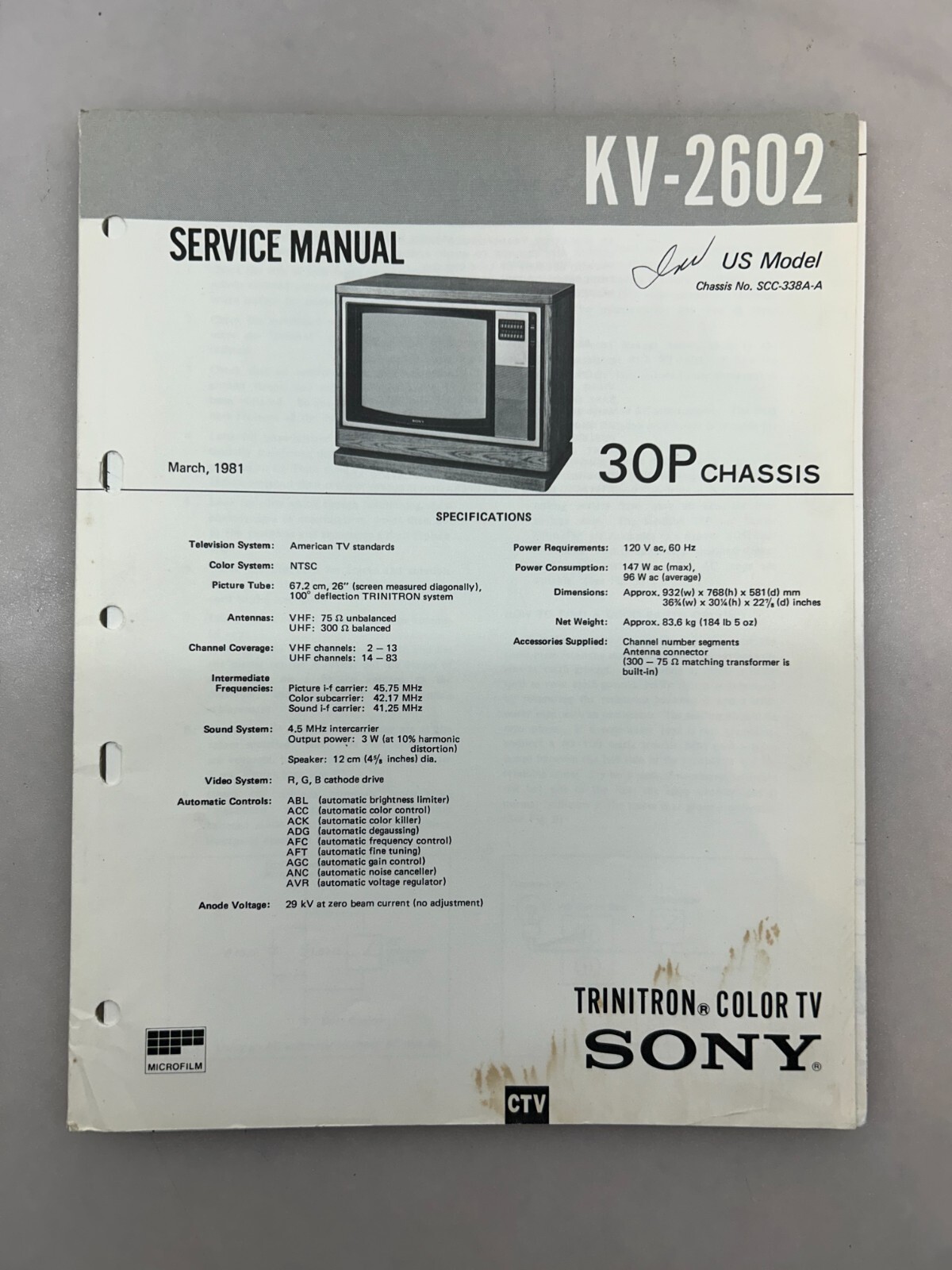 Sony KV-2602 Service Manual Copy From Sony Free Shipping