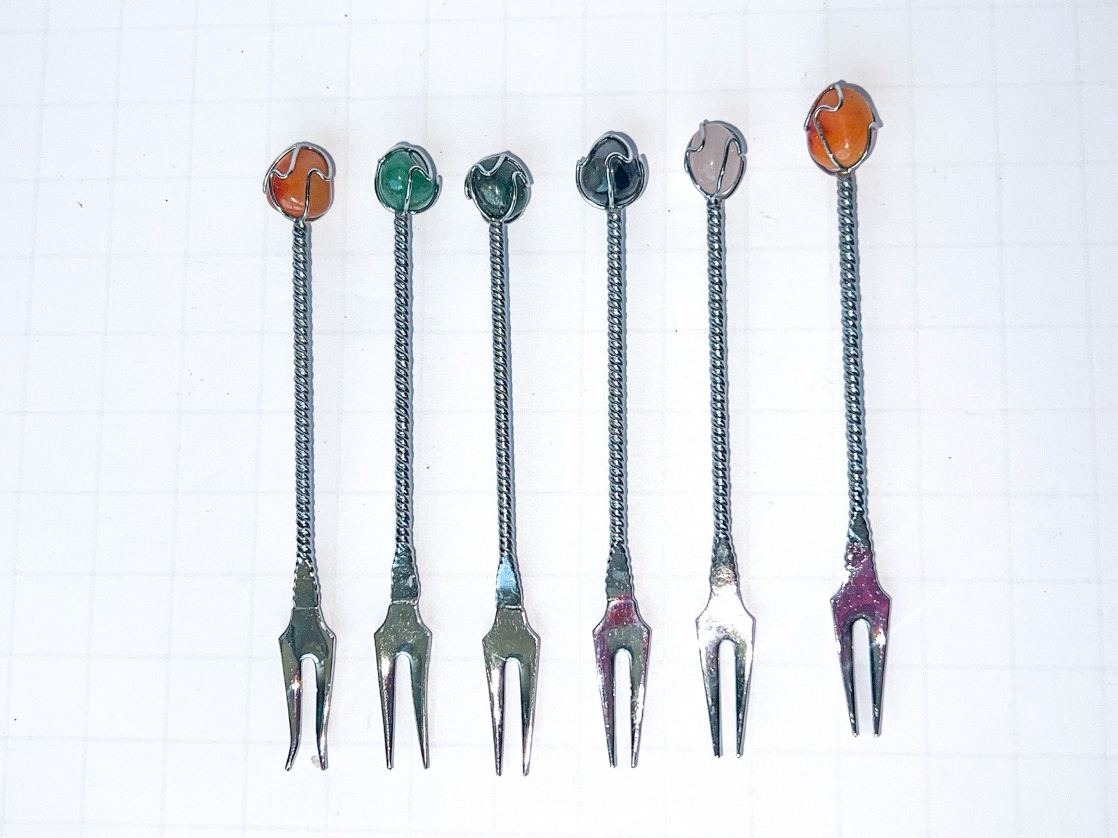 Vintage Cocktail Fork Set 6 Colored Stone Tops
