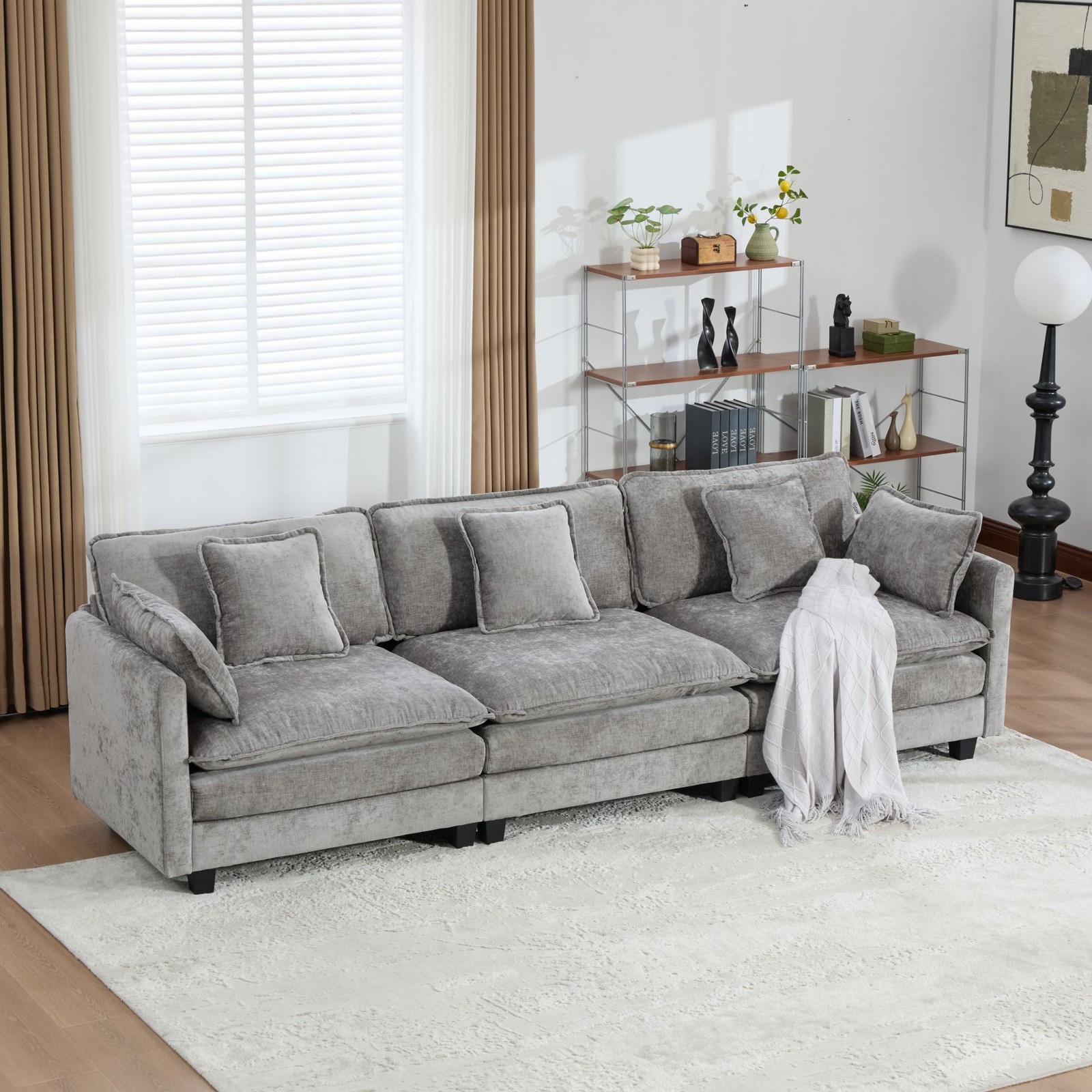 3-Seat Sectional Sofa Cloud Couch, Gray Chenille Fabric Medium-Soft