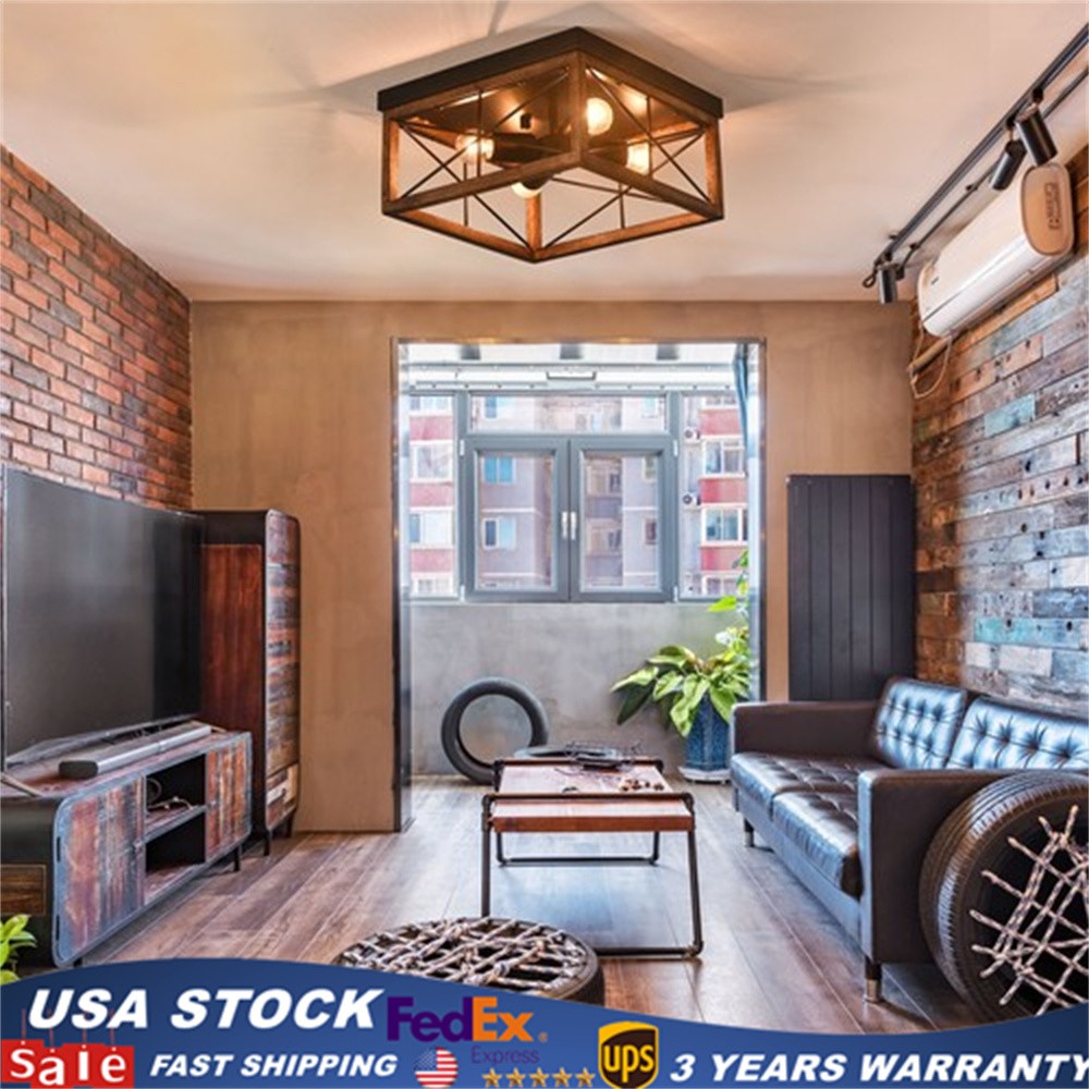 4-Light Farmhouse Flush Mount Light Fixture Rustic Industrial Ceiling Lamp Home