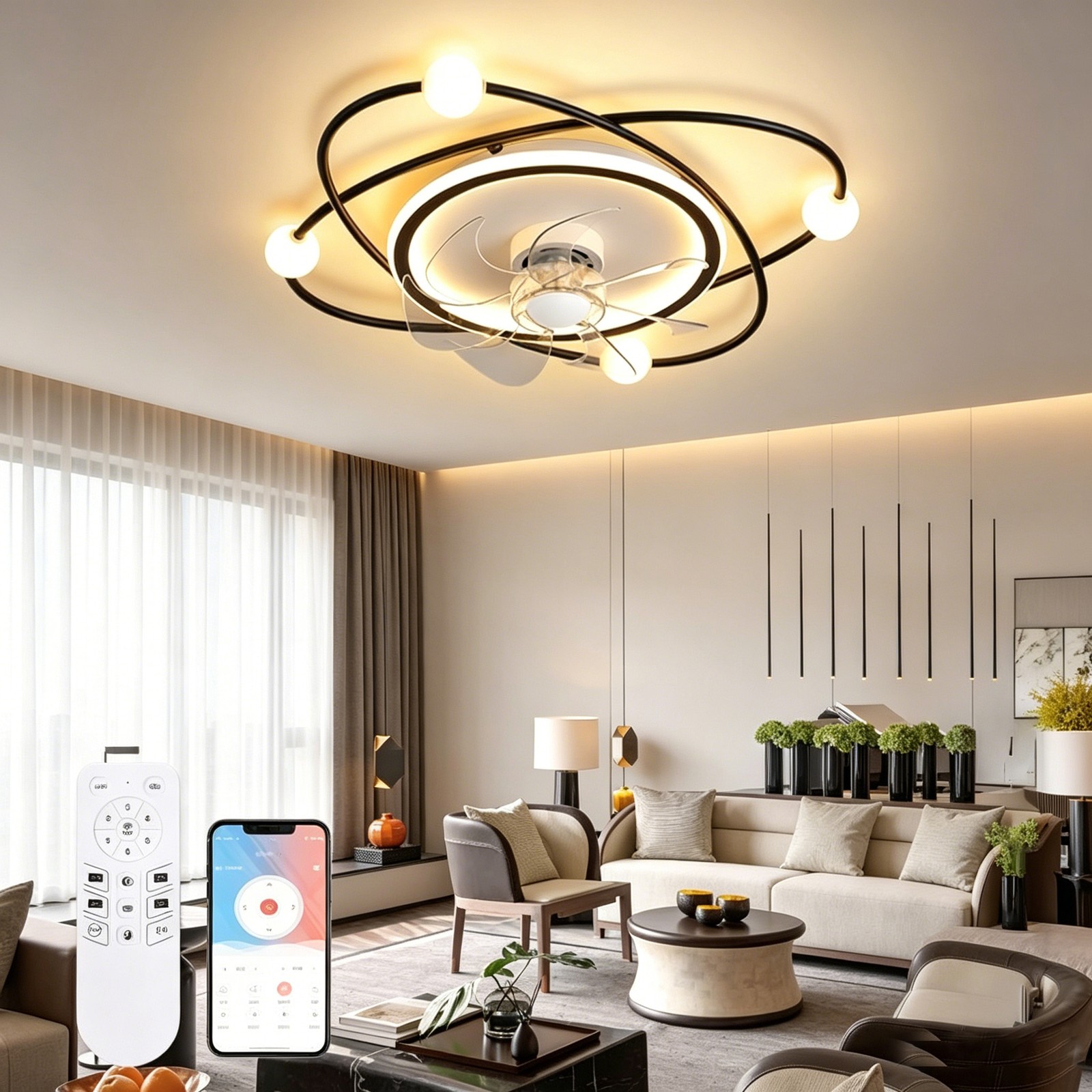 Modern LED Ceiling Fan Light Timer Setting for Home Office Cafe Restaurant Decor
