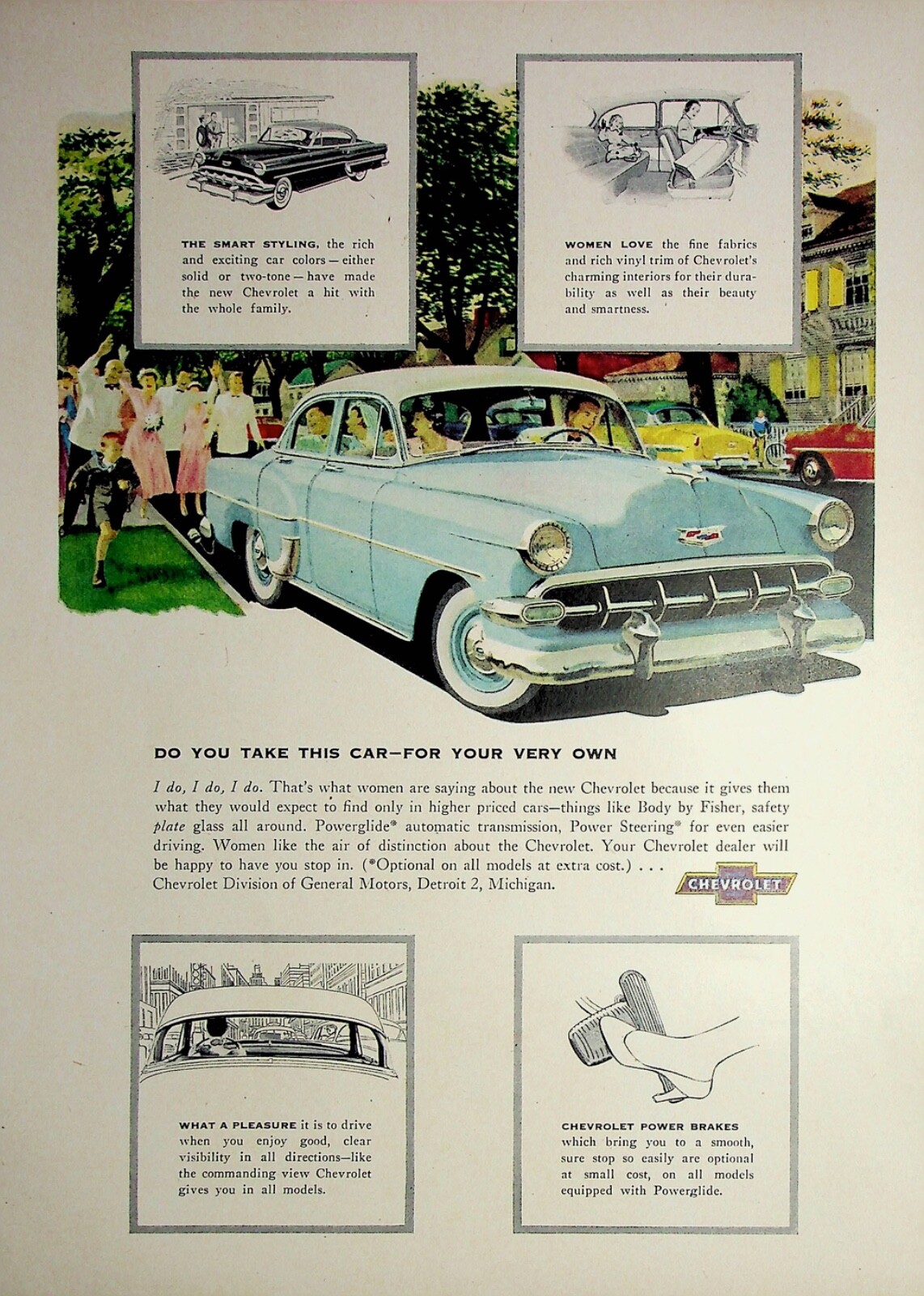 Original 1954 Vintage Chevrolet Ad: Chevrolet Power Brakes & a Pleasure