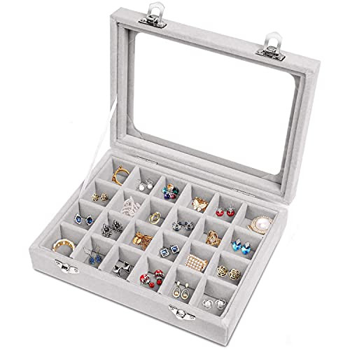 Jewelry Box 24 Grid Velvet Jewelry Tray for Drawers Glass Clear Lid Showcase