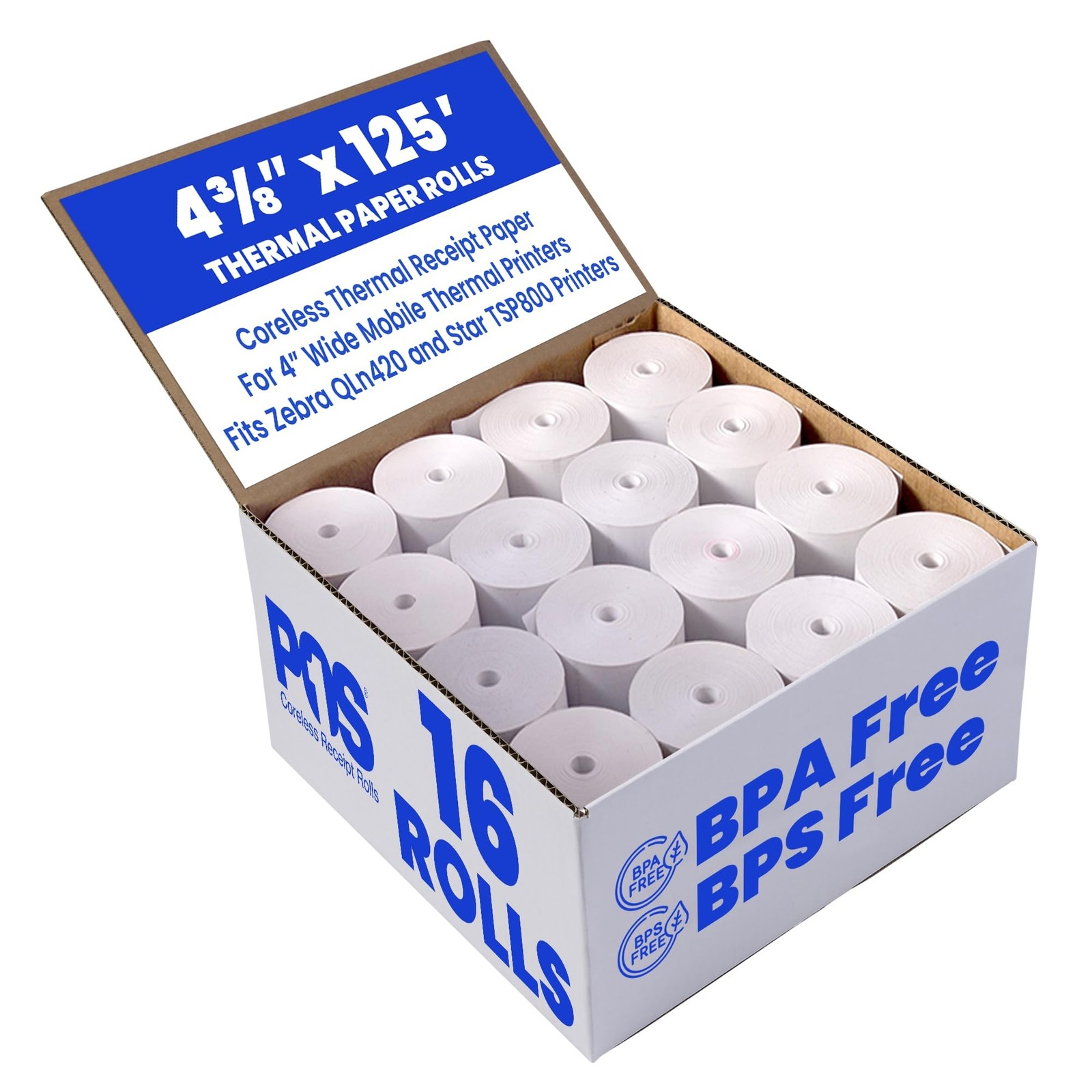 4 3/8 x 125 ft 16 Rolls CORELESS BPA Free BPS Free Thermal Paper Rolls for Ze...