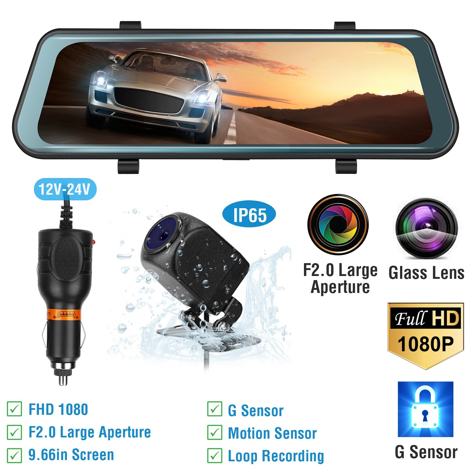 10'' HD 1080P Dual Lens Car DVR Rearview Mirror Dash Cam Recorder w/Rear Camera