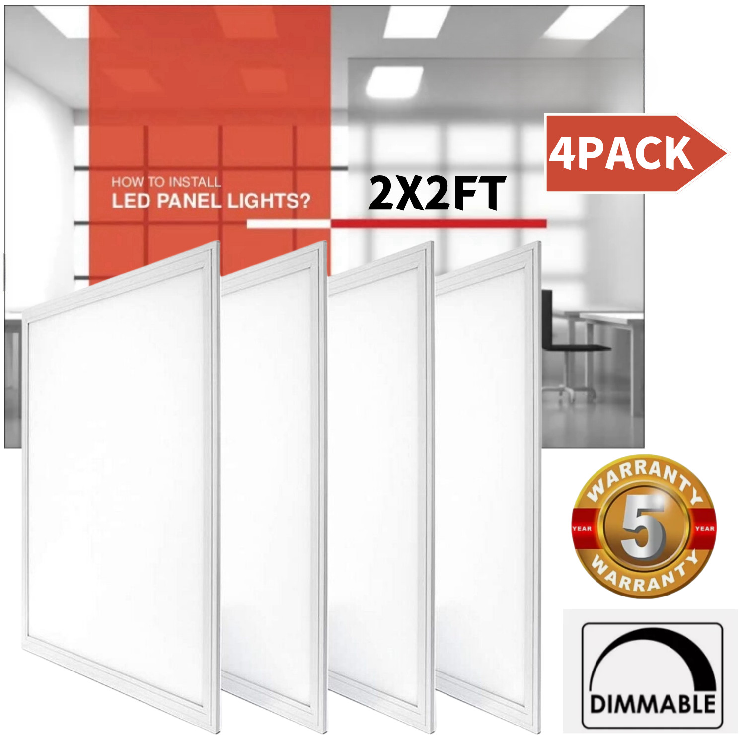 4 Pack 2X2 LED Panel for Drop-in Ceiling,45Watt 0-10V Dimmable Indoor Fixture