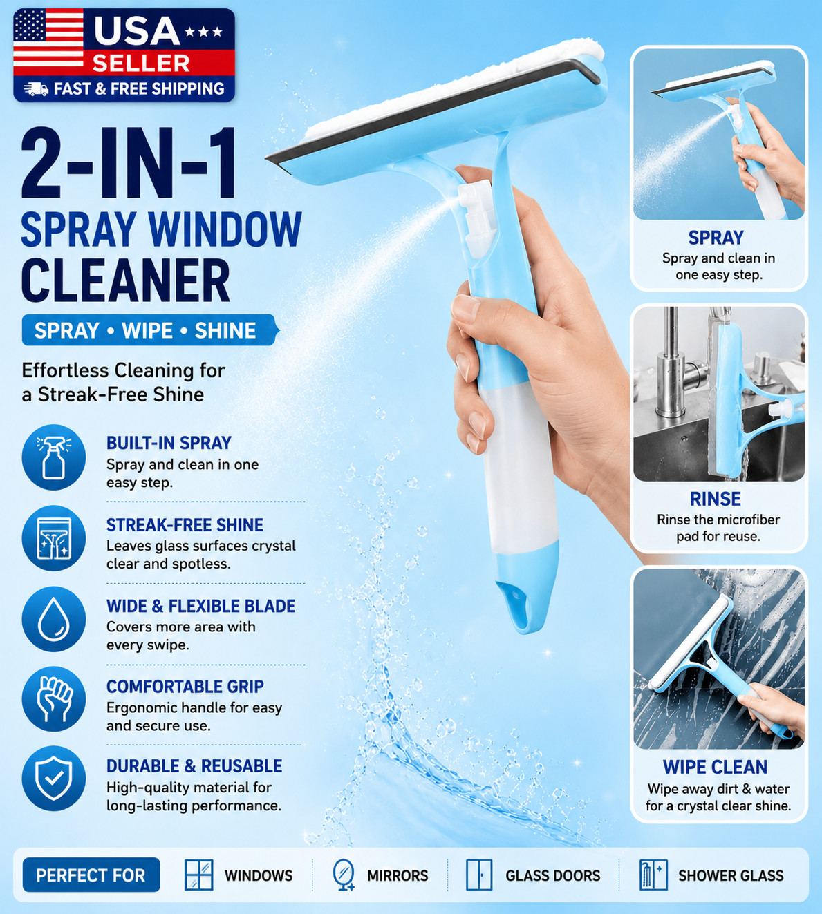 Multi-Function Window Glass Cleaner Spray Wiper Squeegee Mirror Cleaning Tool