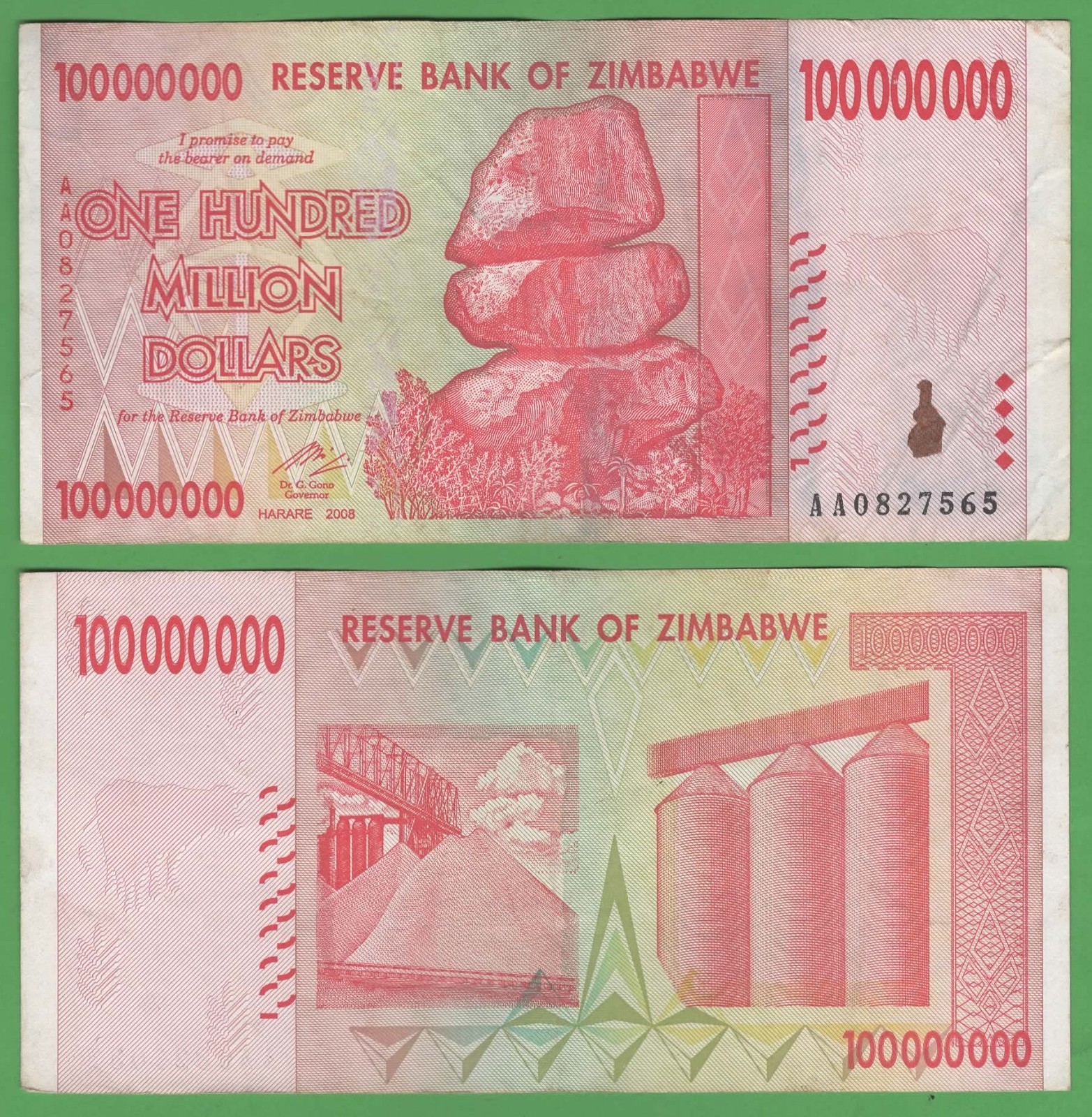 Zimbabwe 100 Million Dollars 2008 UNC • P‑80 • Chiremba Rocks Hyperinflation