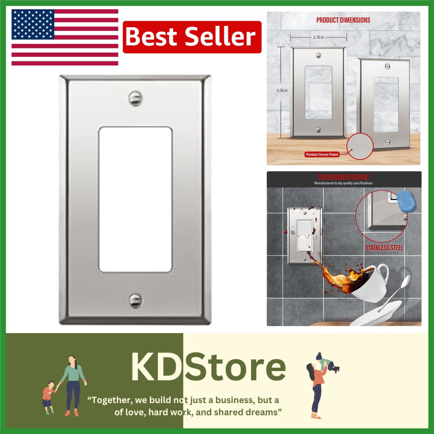Polished Chrome Stainless Steel Wall Plate - 1-Gang, Corrosion & Impact Resis...