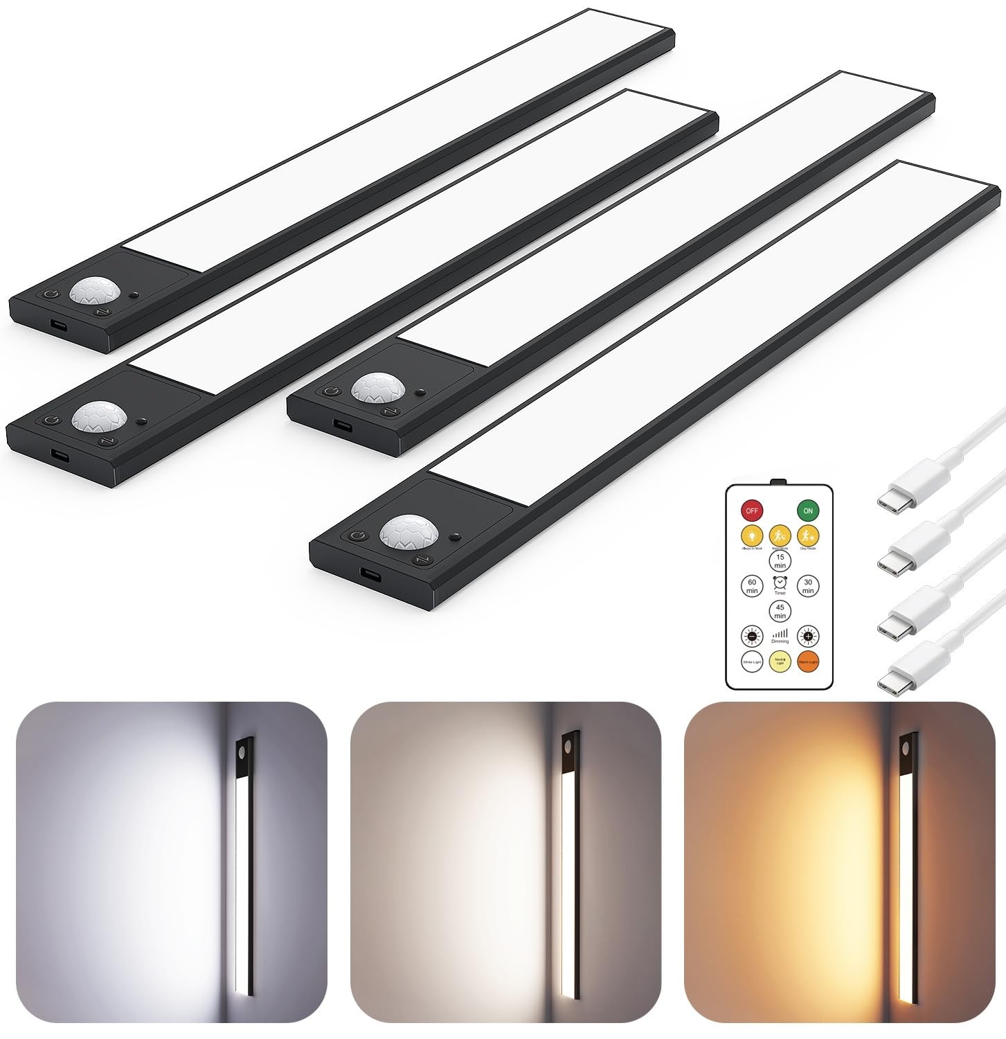 12" Under Cabinet Lighting Wireless, Remote, Motion Sensor, 4Pack, Black