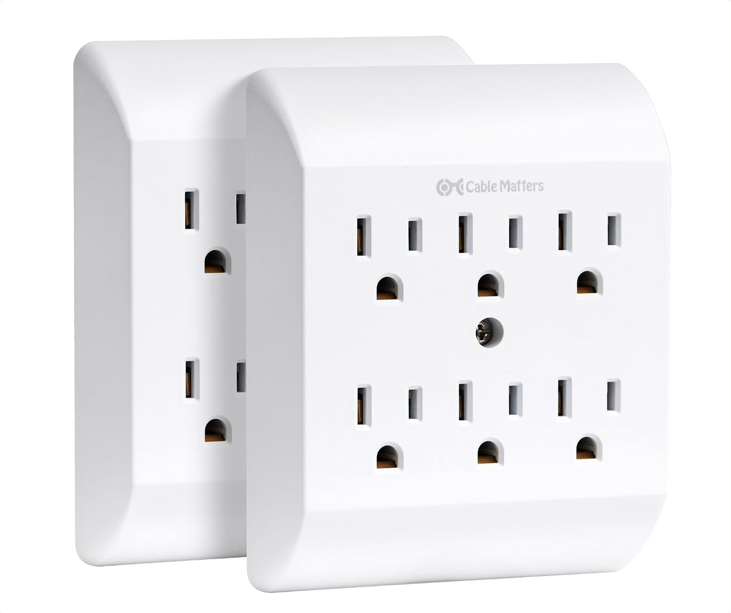 Listed 6-Outlet Extender Wall Tap Power Strip Plug Multiplier 2 Pk
