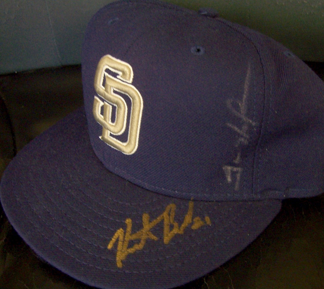 Trevor Hoffman Heath Bell signed autographed Padres authentic game model cap JSA