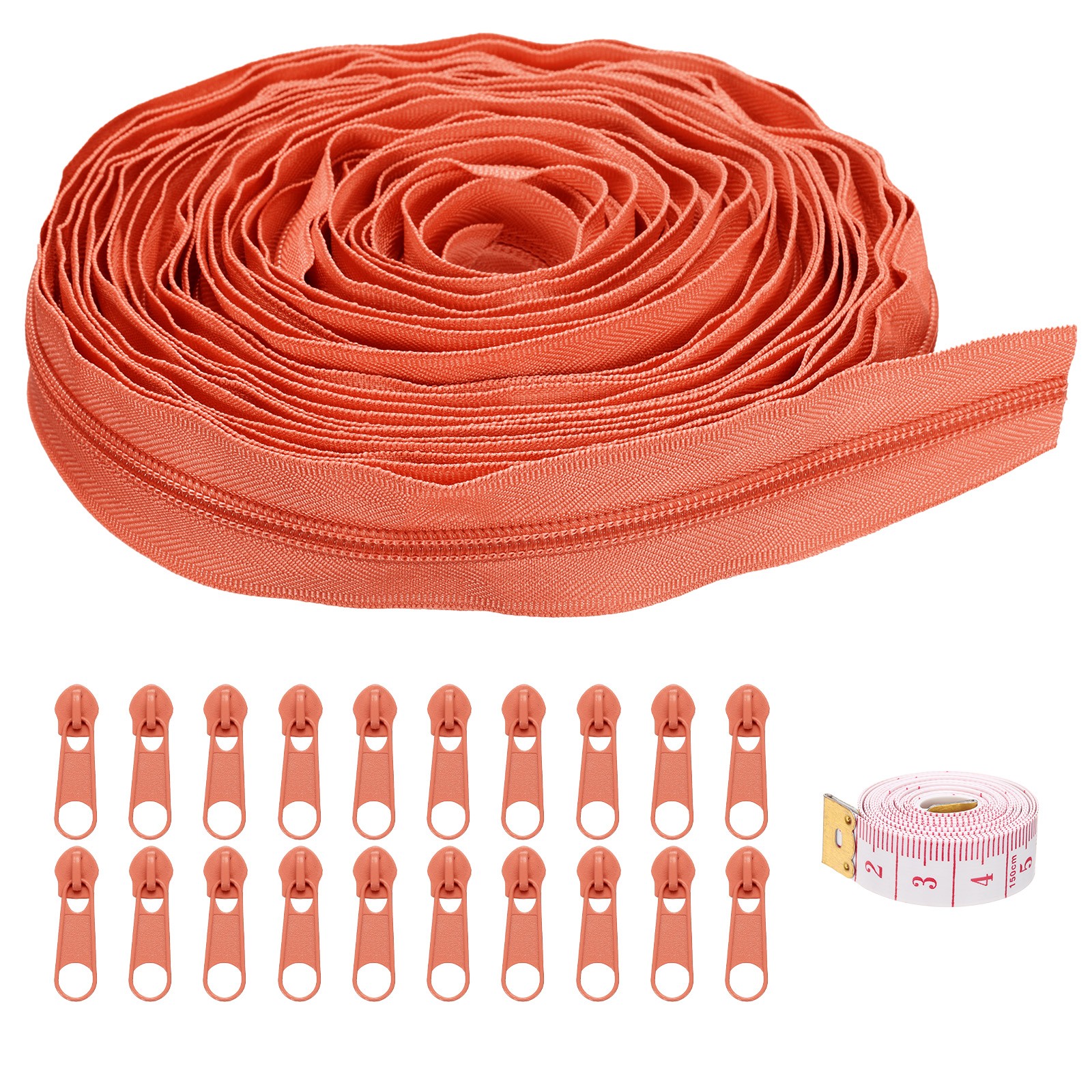 #5 10 Yards Nylon Coil Zipper with 20 Pcs Zipper Sliders and Ruler Orange