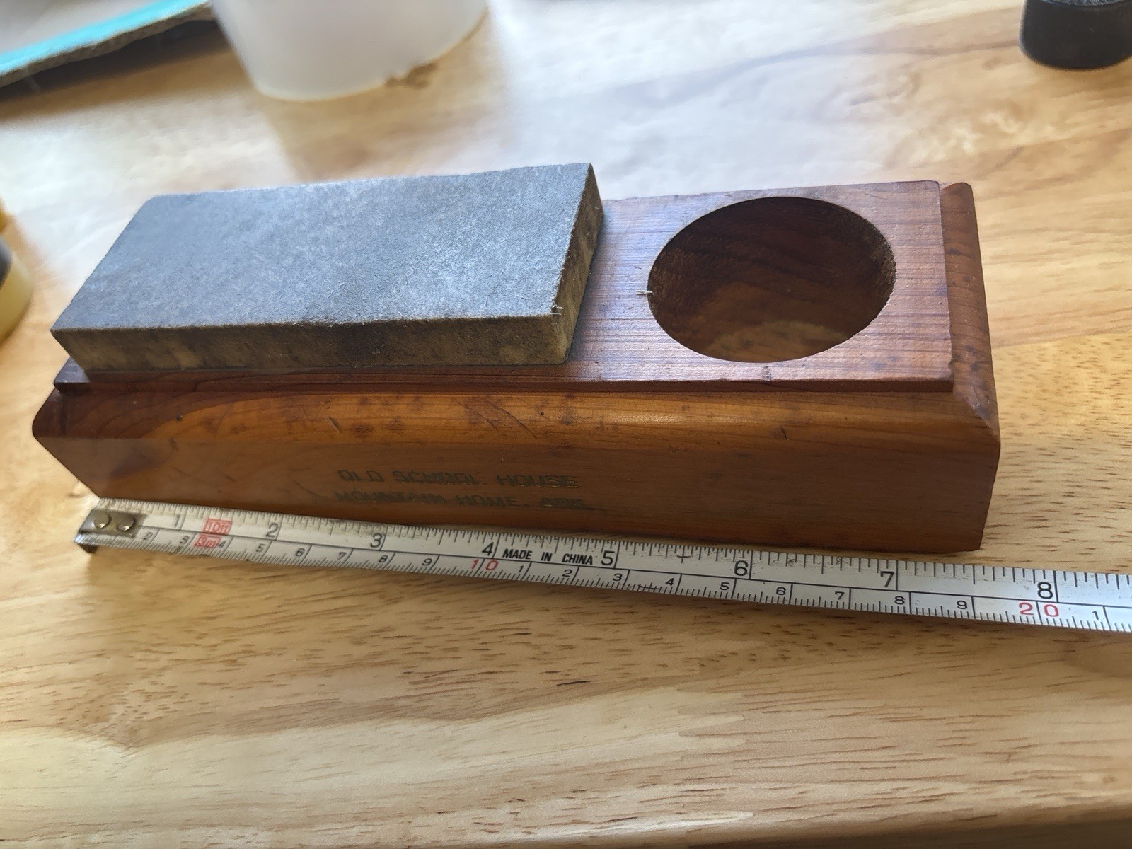 Vintage Arkansas Washita Oil Stone With Wood Sharpening Base Holder Old School