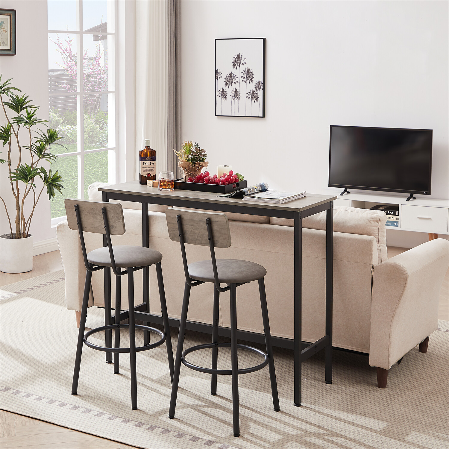 3 Piece Bar Table Set Counter Height Kitchen Pub Table with 2 Bar Stools