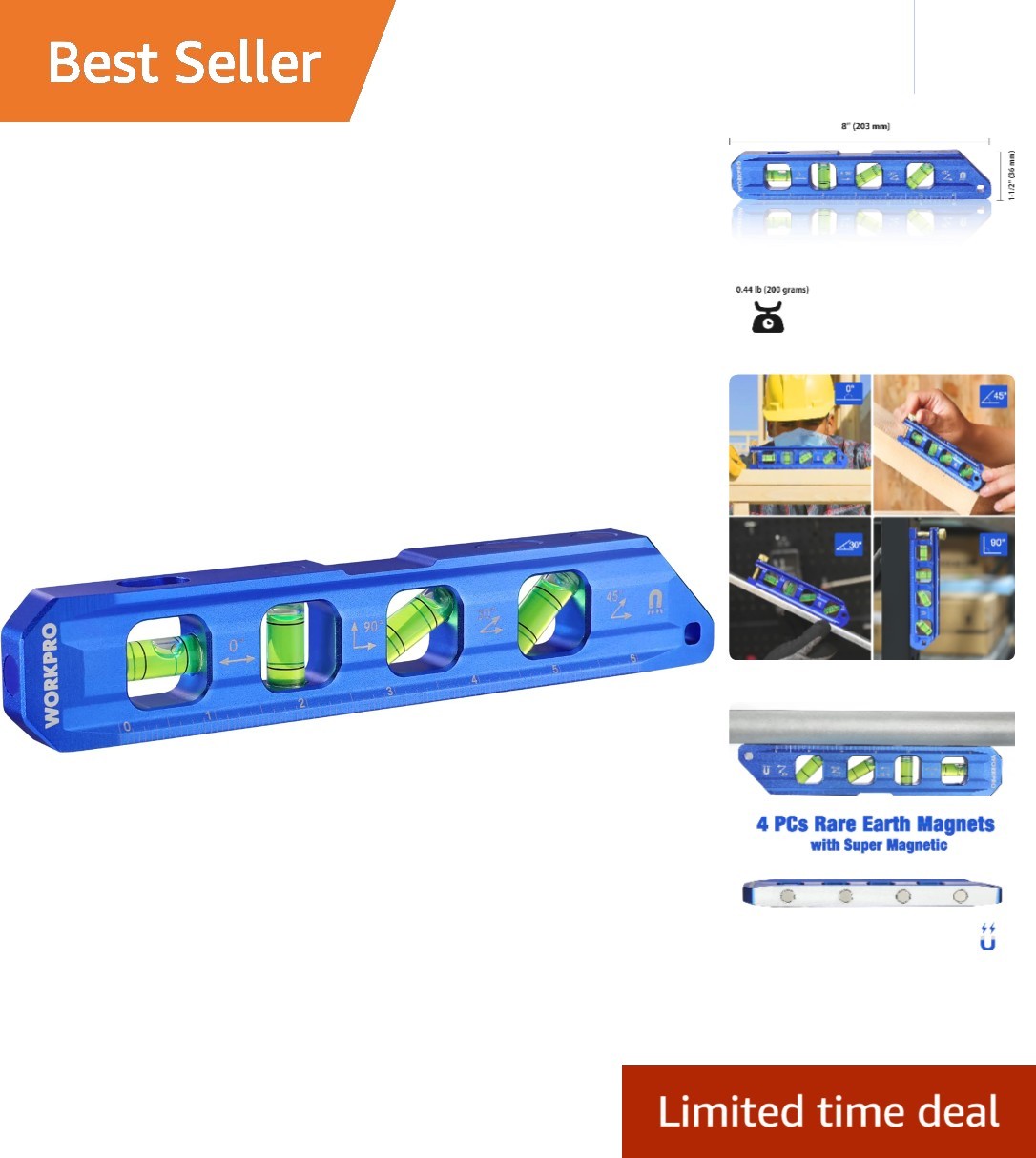 8-Inch Magnetic Level with Rare Earth Magnets – High Visibility Vials