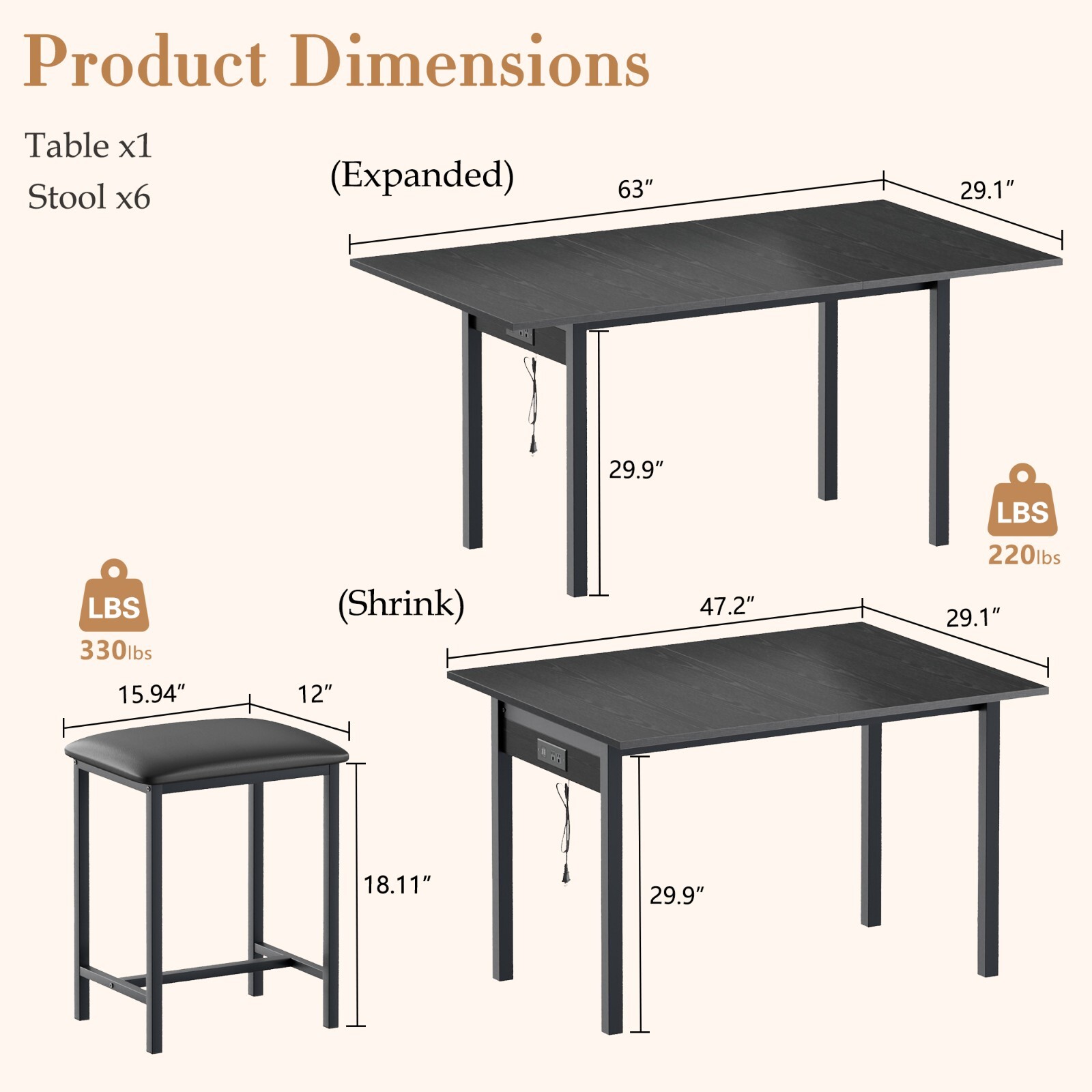 Extendable Dining Table Set with USB Charging, Kitchen Table with 6 Stools Black