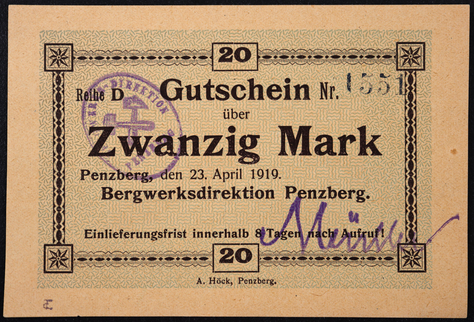 PENZBERG 1919 "Bergwerksdirektion" Rare 20 Mark Reihe D w/sig Grossnotgeld