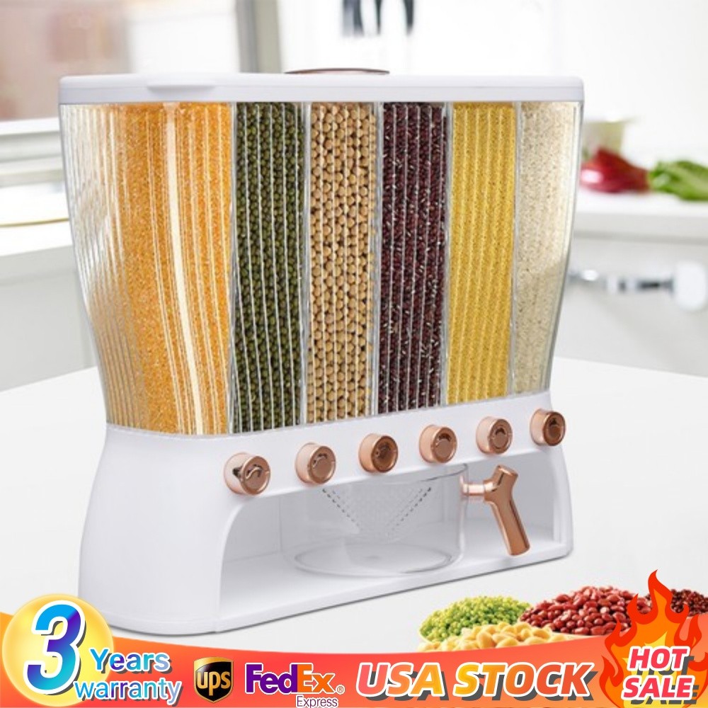 Dry Food Beans Dispenser Wall mounted 6 Grid Beans Grains Storage W/Rice Hopper