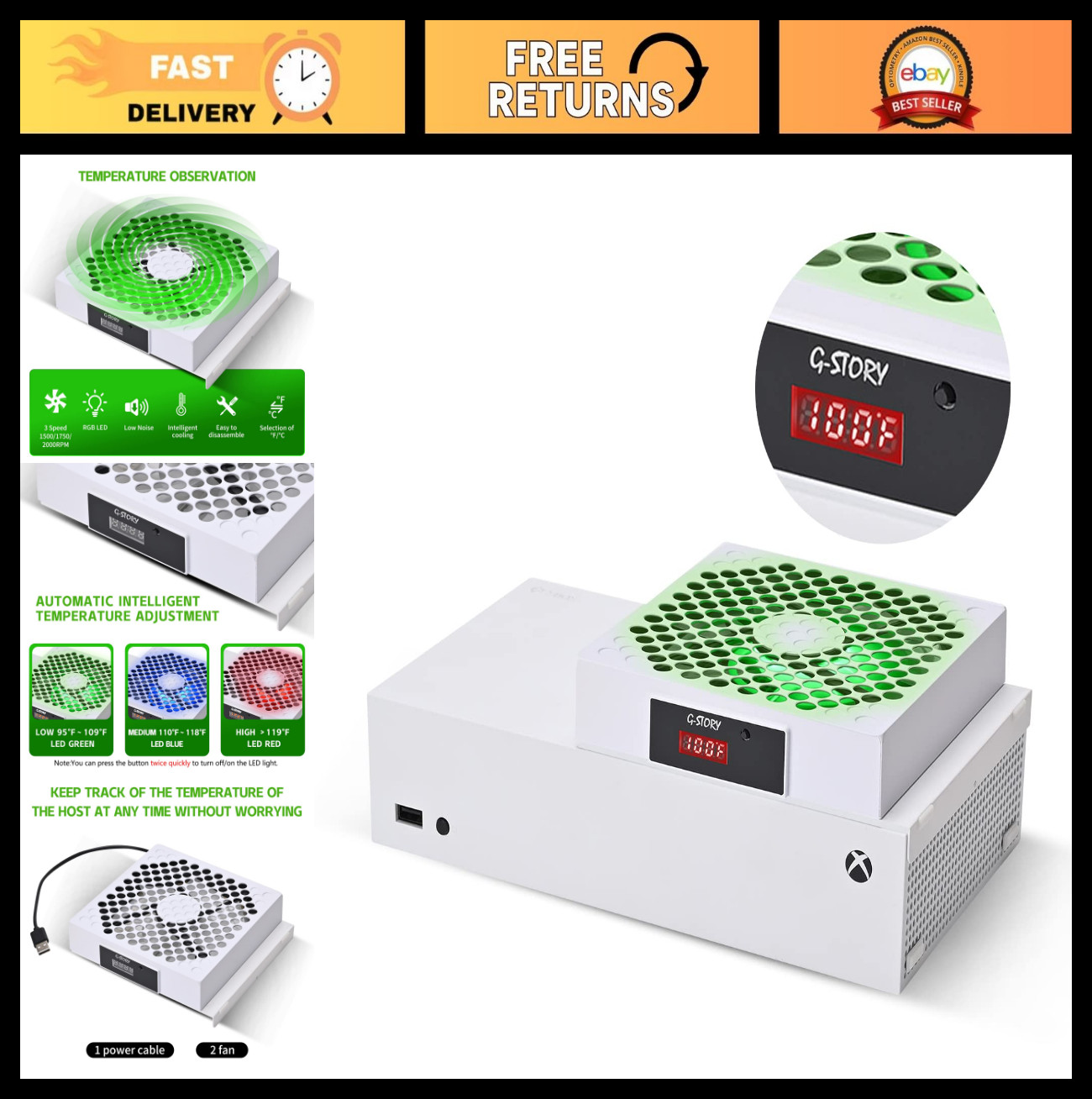 Cooling Fan for Xbox Series S - Adjustable Speed, LED Display, Low Noise, RGB Li