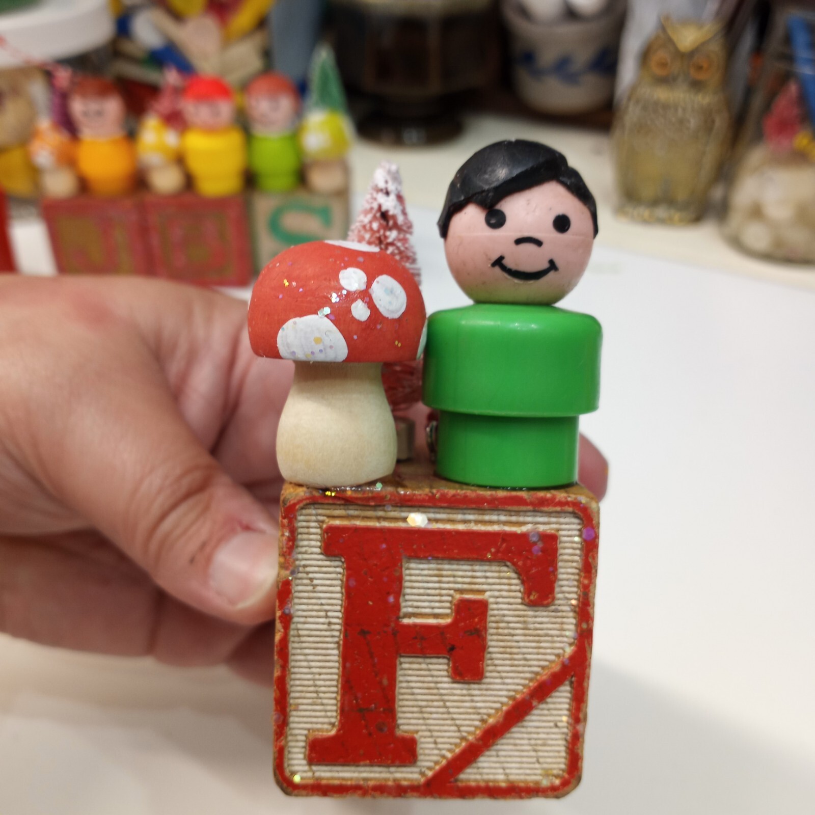 Vintage building block  Fisher Price Little People Christmas Ornament Letter F