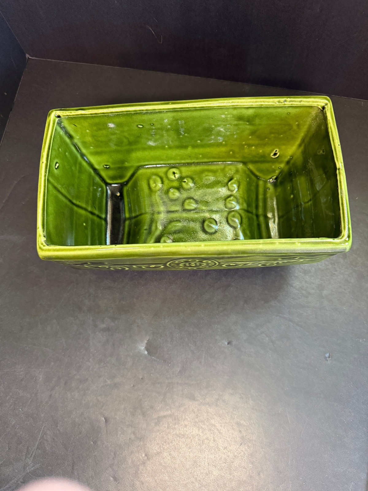 Vintage Green Ceramic Planter Mid Century Scroll Design Footed Plant Pot 9”