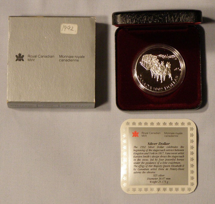 1992 Canada Frosted Proof Silver Dollar, 0.7428 Troy Oz 	(4H)