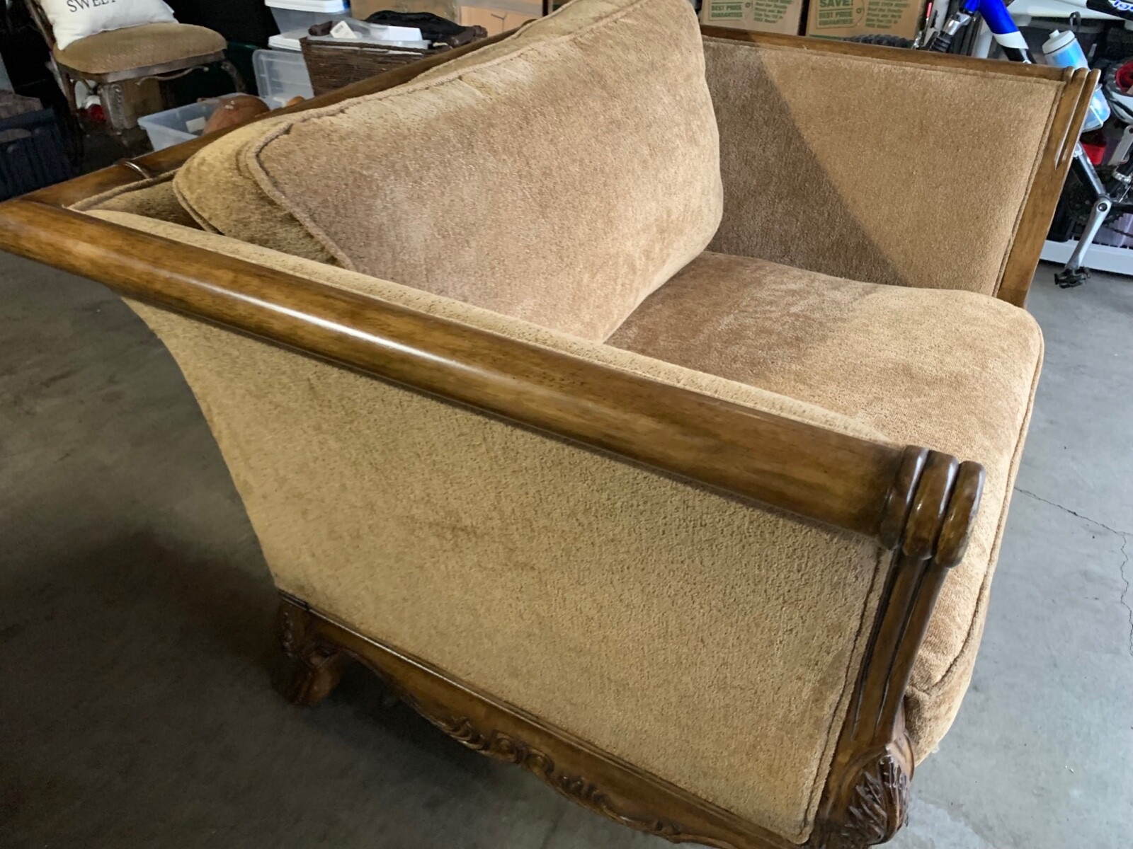 Kensington Oversize Chair, Gold Cushions, with Wood Trim
