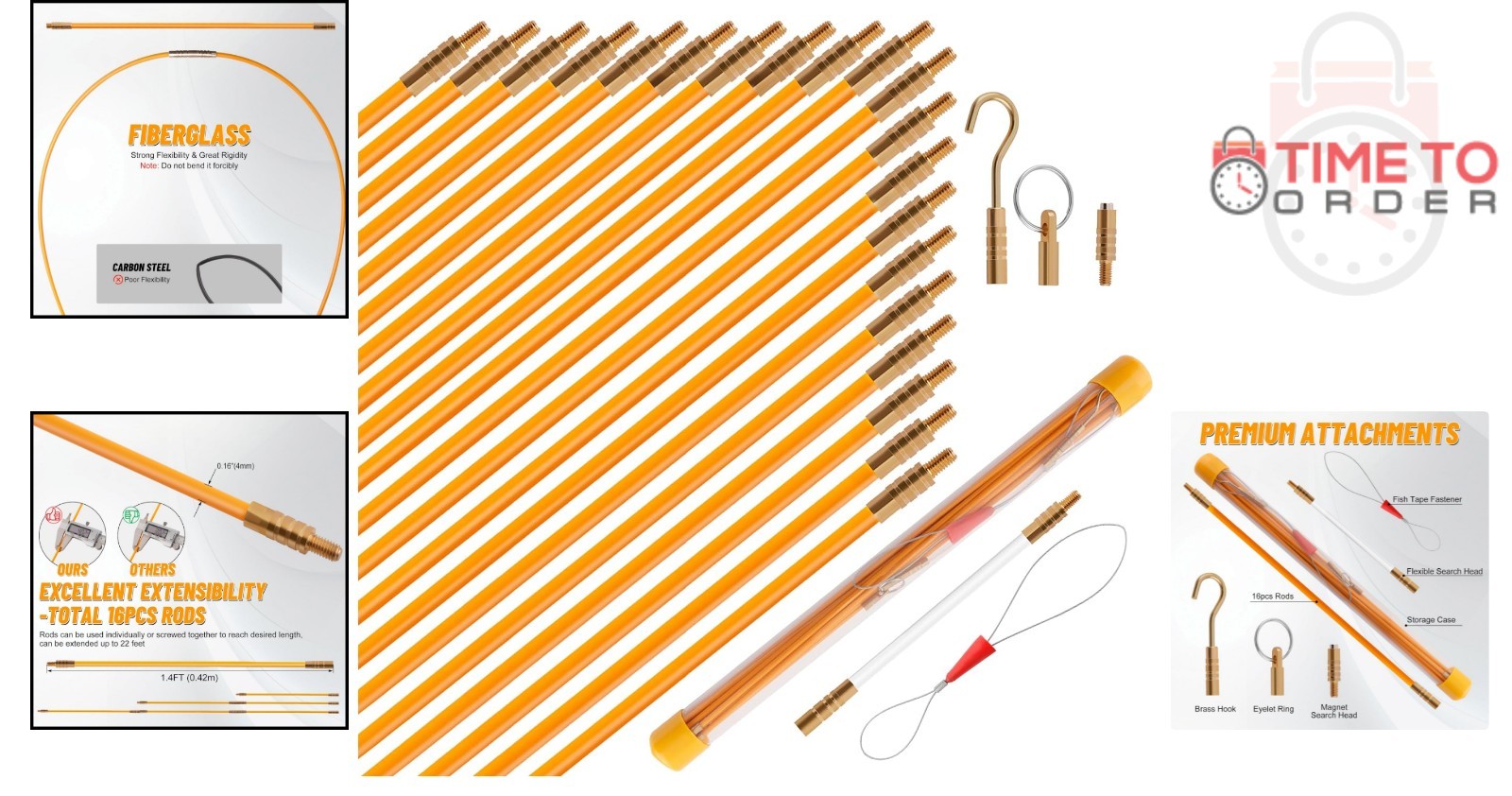 22ft Fiberglass Electrical Wire Fish Tape Kit Cable Puller for Wall Installation