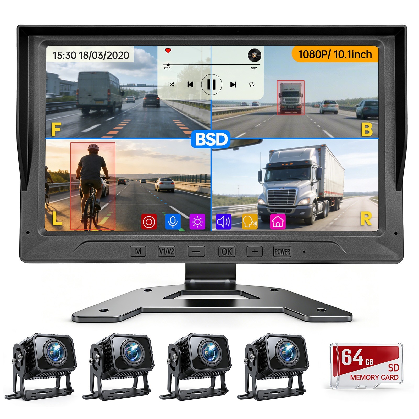 4-Channal RV Backup Camera System: 10.1" Monitor 1080P Wired Rear View For Truck