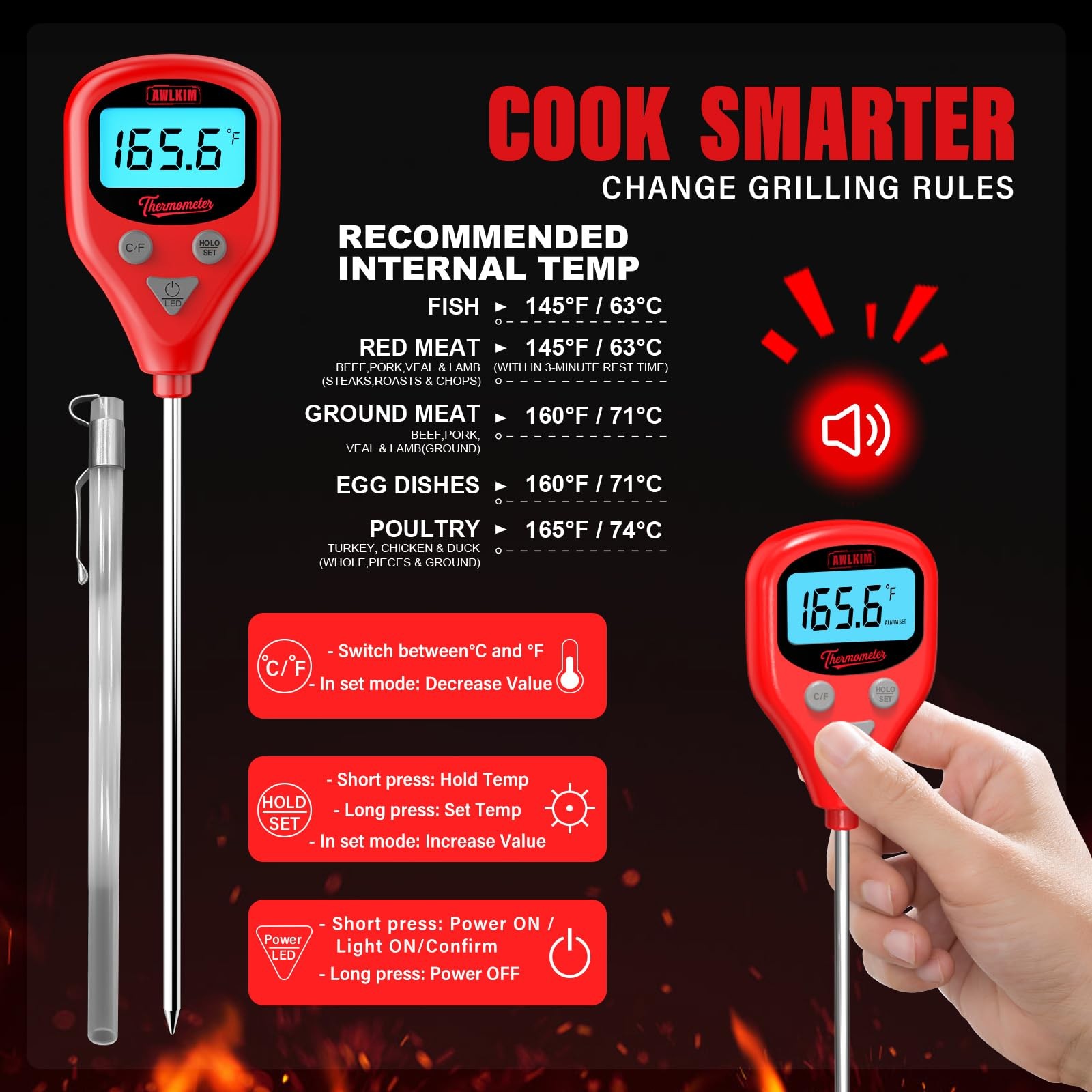 Rechargeable Digital Meat Thermometer with 3.3ft External Probe, Warning Aler