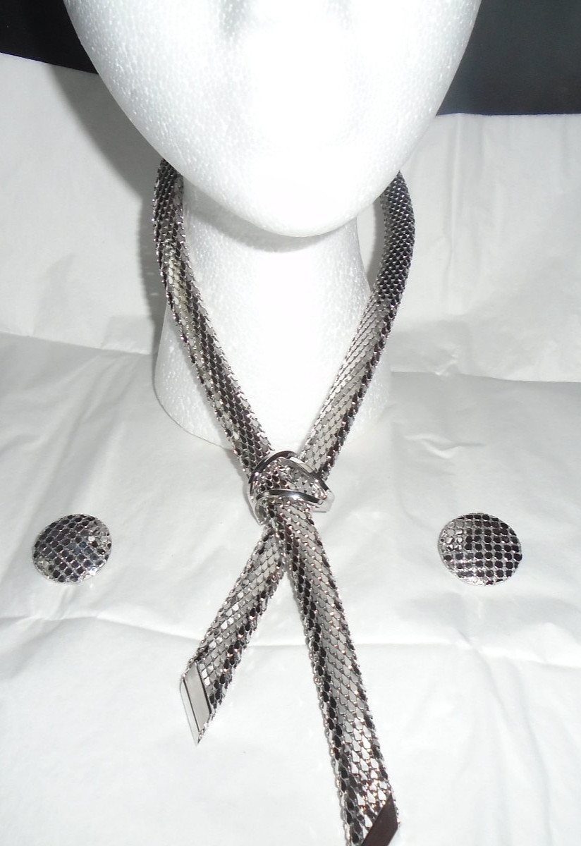 Whiting and Davis Mesh Necklace &  Clip On Earrings Silver Tone