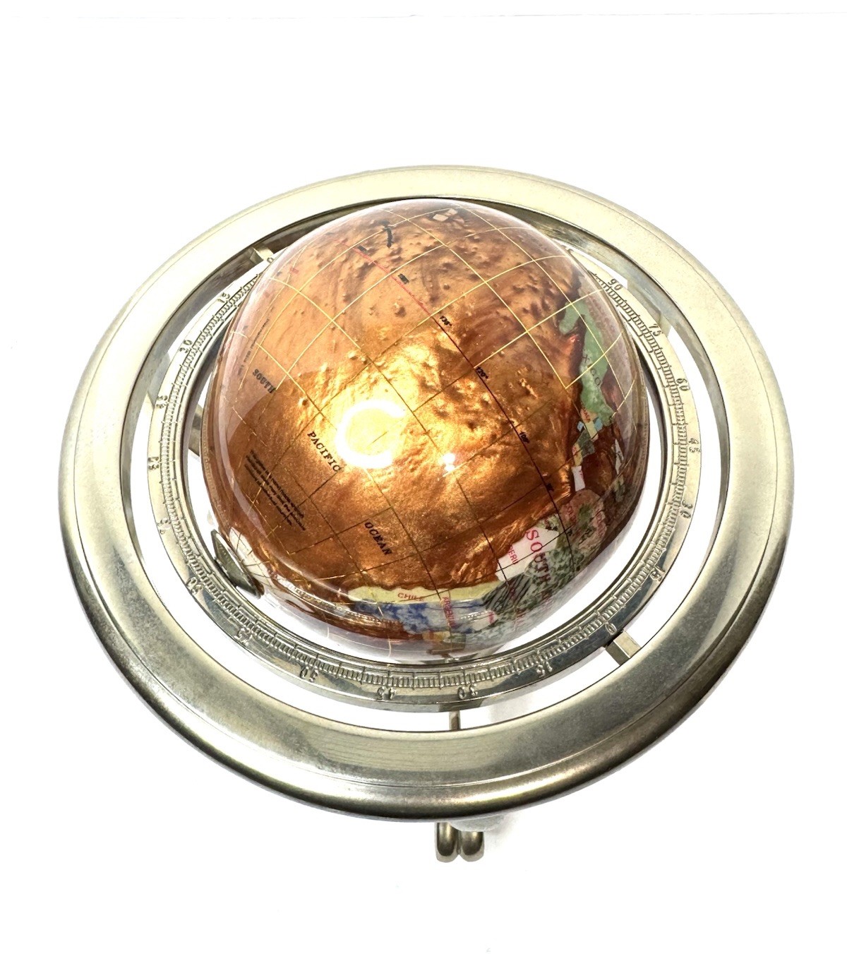 Vtg Kalifano Rotating Copper Amber Opalite Gemstone Globe Silver Stand