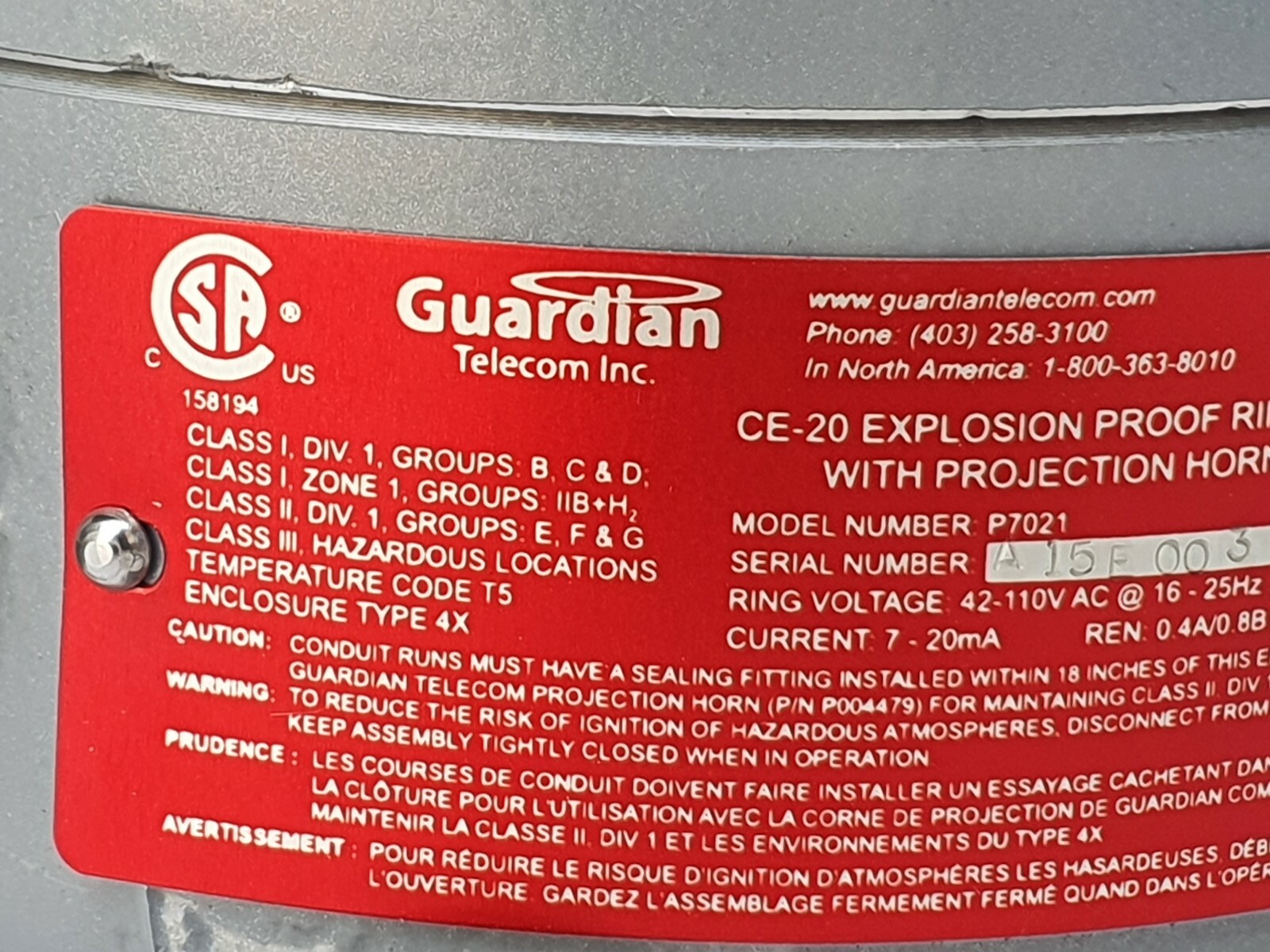 GUARDIAN P7021 CE-20 Explosion Proof Ringer Without Horn, Line Powered # NEW
