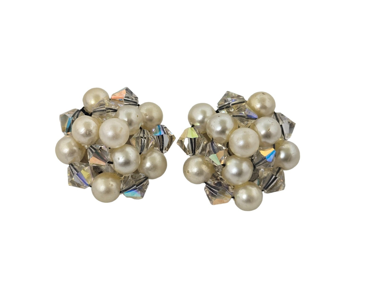 Vintage Strung Faux Pearl and Crystal Bead Cluster Clip Earrings