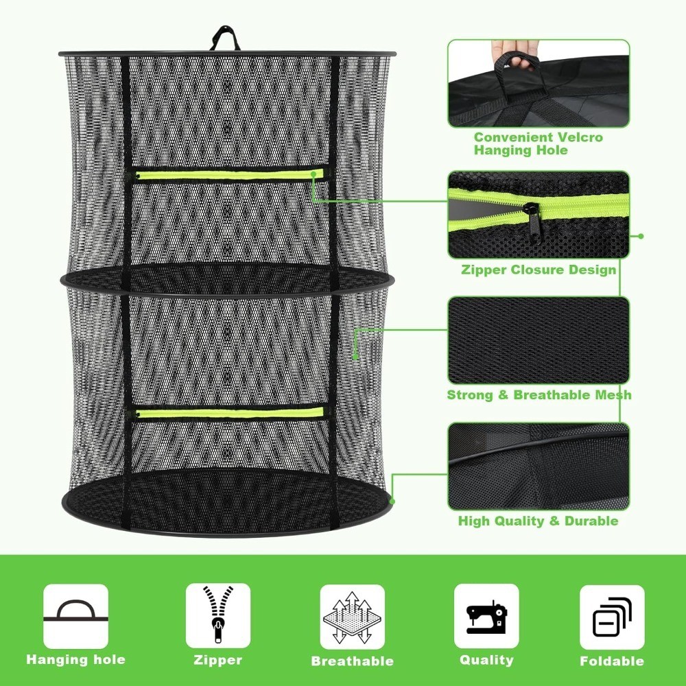 Collapsible Mesh Drying Rack 2 Layer Hanging Net with Zipper & Hooks for Herbs