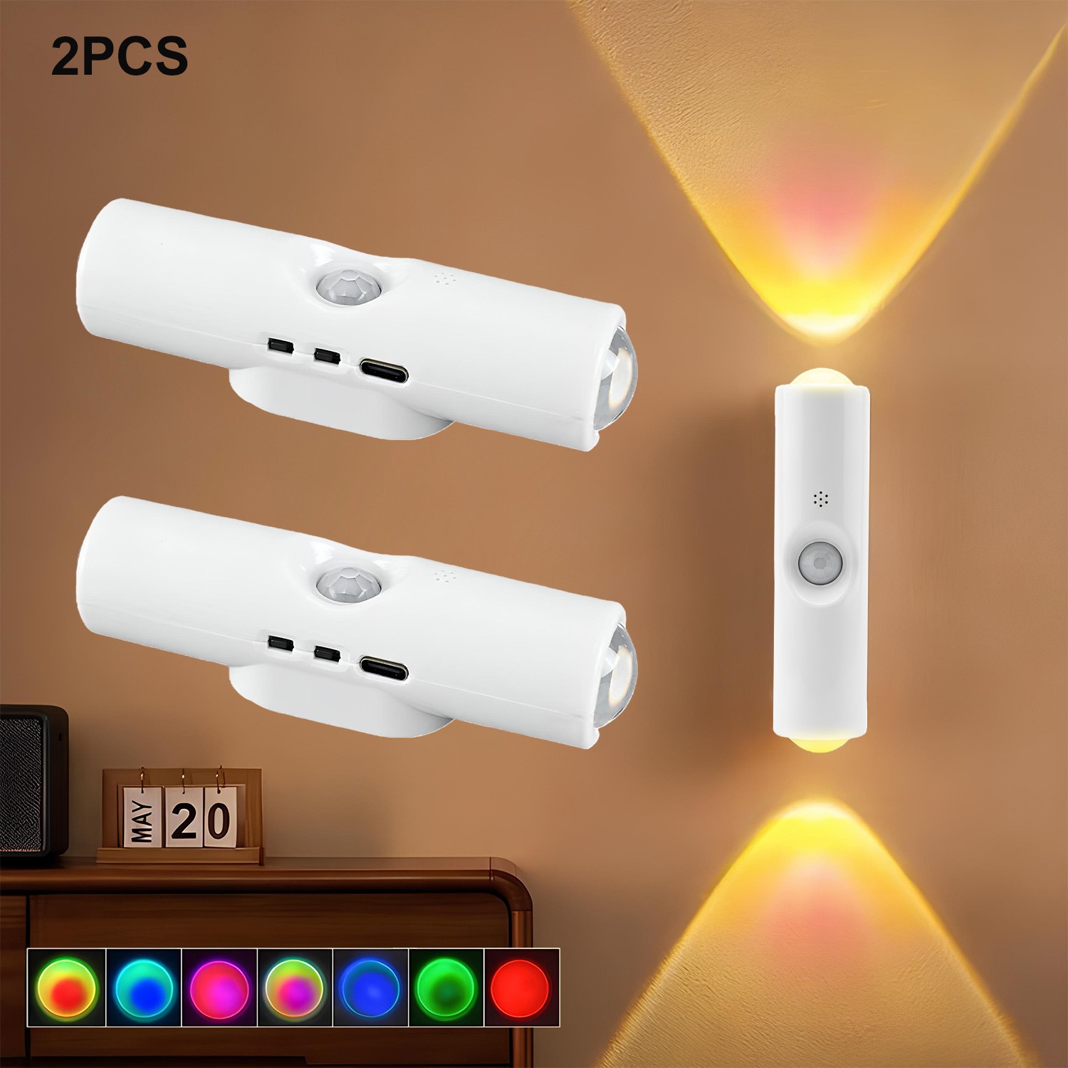 2-Pack Motion Sensor LED Night Light Rechargeable Magnetic Wall Lamp 7 Colors