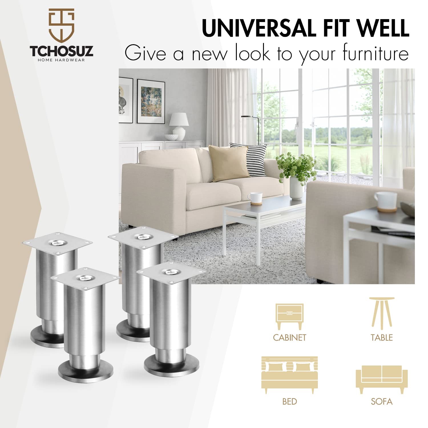 TCHOSUZ 8 Inch Heavy Duty Mental Furniture Legs, 4 Pack 20 cm Stainless Steel...