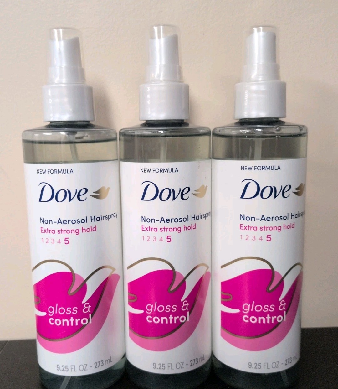 3 X Dove Non-Aerosol Hairspray #5 Extra Strong Hold Gloss & Control 9.25 oz each
