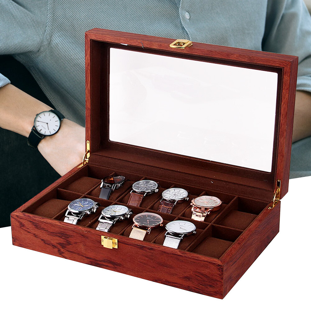 12 Slot Gold Wooden Watch Box For Men - Luxury Accents Display Box Holder Gift