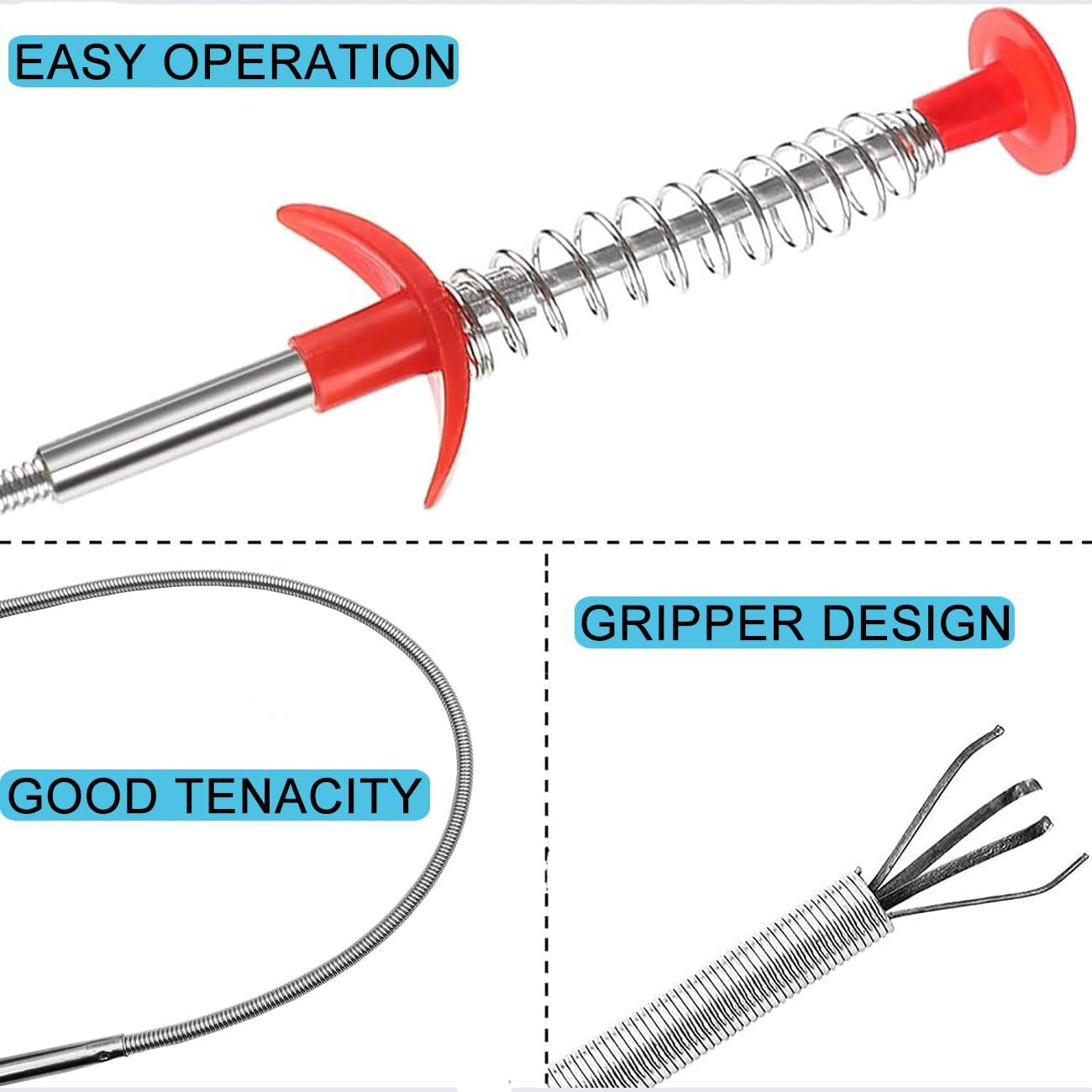 Flexible Claw Grabber Pickup Tool with 4 Claws, Drain Snake Hair Silver, red