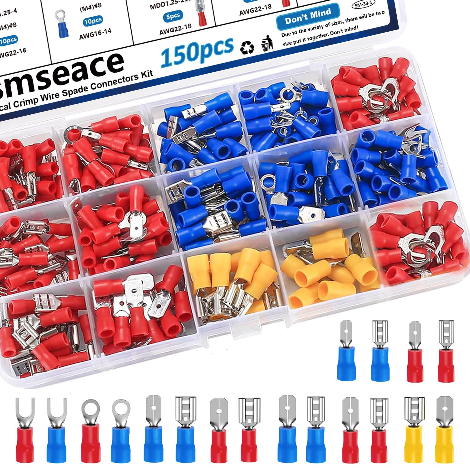 Wire Connectors 22-10AWG Wire Terminals Ring, Butt, Spade, Fork Connector Kit...