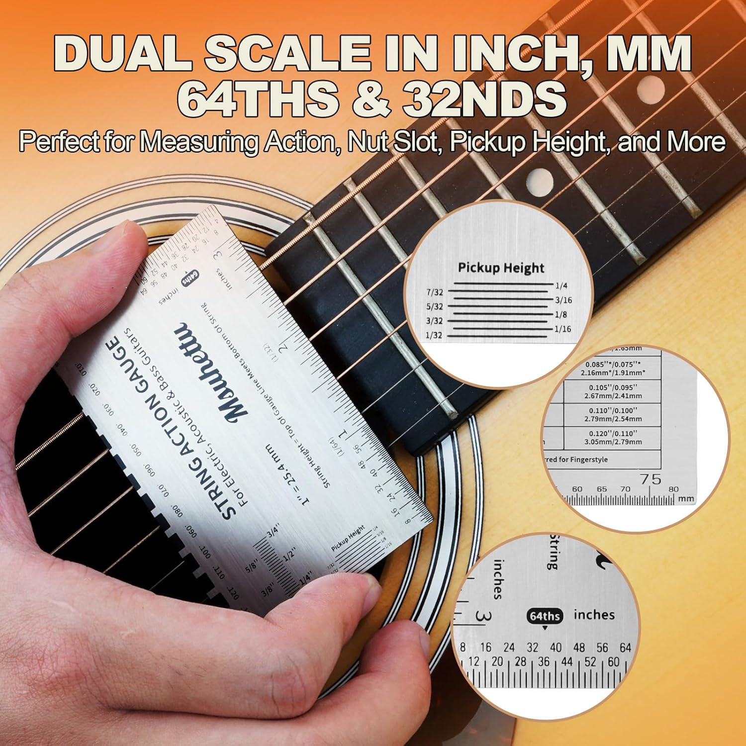 String Action Gauge Ruler, Upgraded Guitar String Height Gauge with Inch & Metri