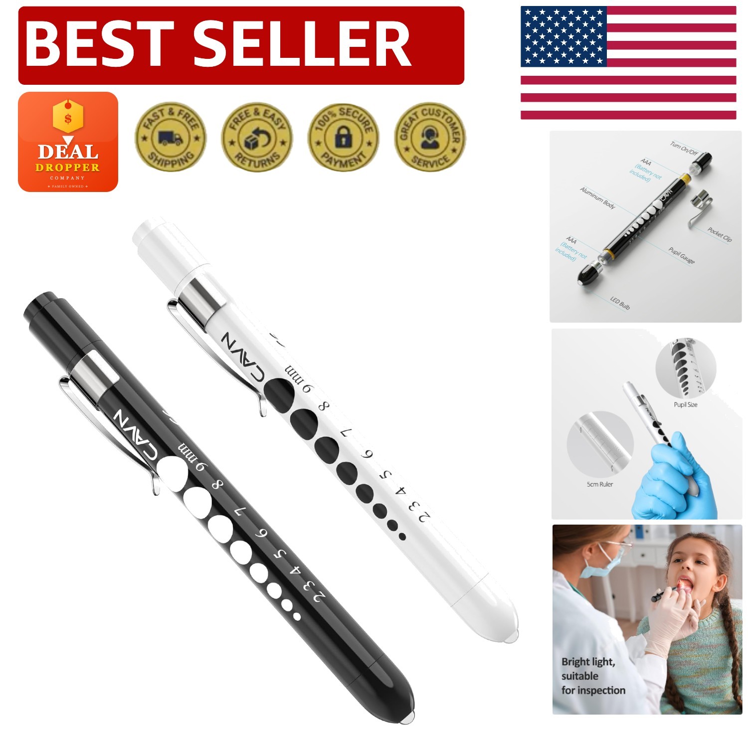 Essential Medical LED Penlights with Pupil Gauge - 2 Reusable Black & White Pens