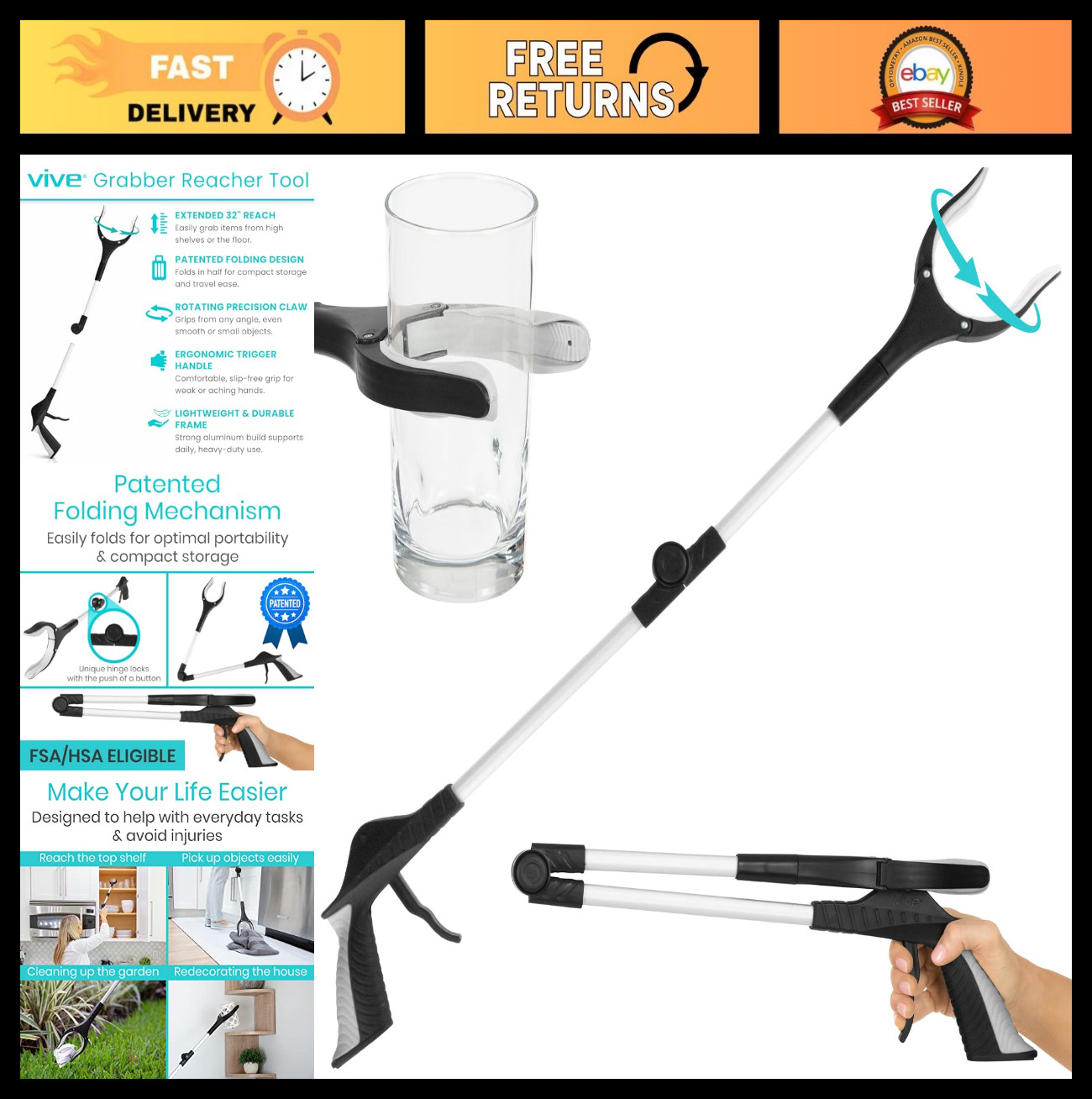 32" Foldable Grabber Reacher Tool - Heavy Duty Pickup Stick with Rotating Jaw &