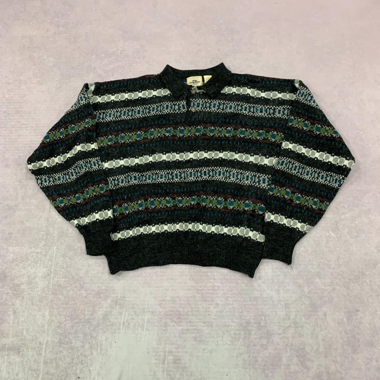 Vintage abstract knitted jumper Patterned Grandad chunky knit sweater Men's XL