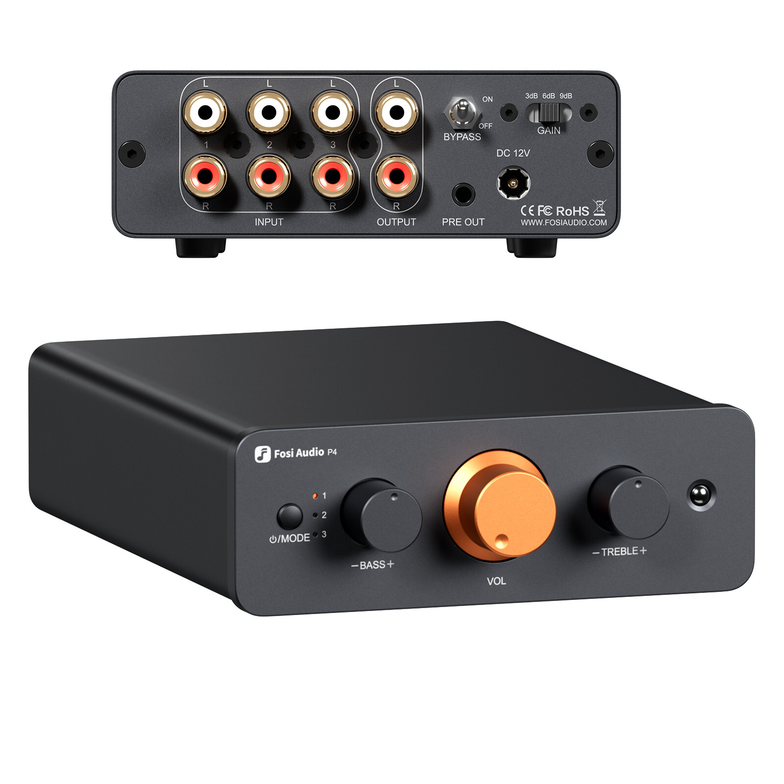 Fosi Audio P4 Mini Preamplifier 3 Inputs Gain Bass&Treble Control (Refurbished)