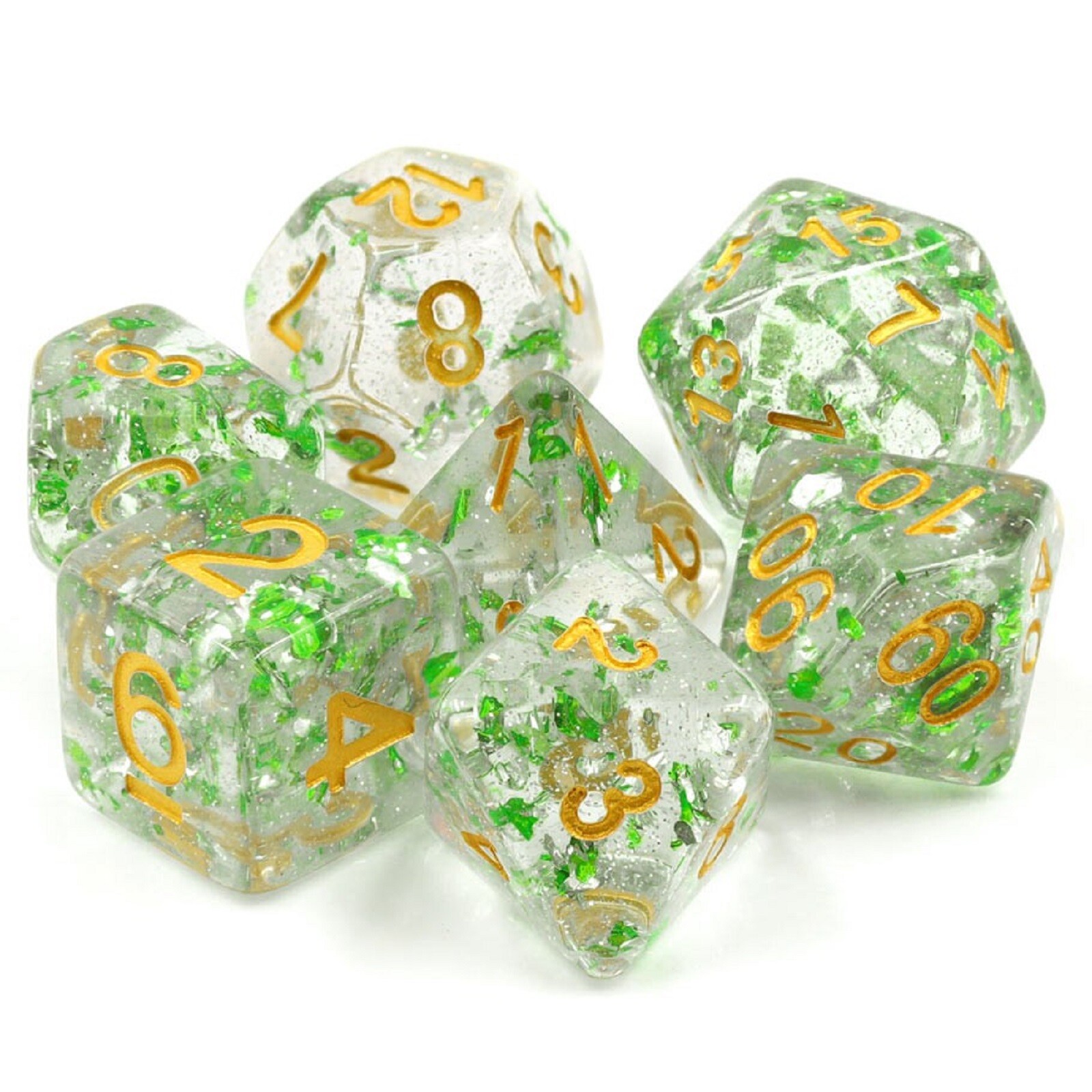 EVERGREEN SPARKLE Clear/Green Translucent Green Flake Dargon's Dice Set TMG